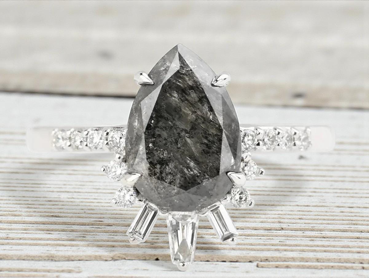 14K White Gold Grey Salt and Pepper Pear Cut Natural Diamond Wedding Ring