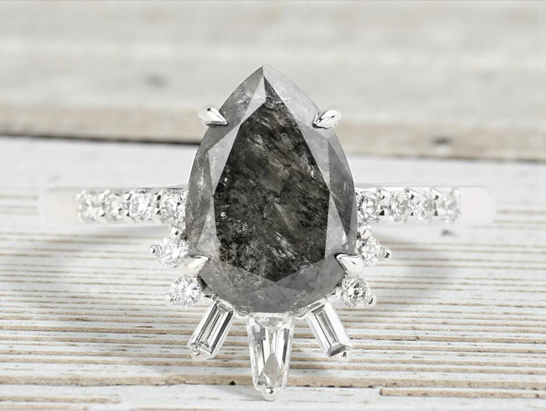14K White Gold Grey Salt and Pepper Pear Cut Natural Diamond Wedding Ring