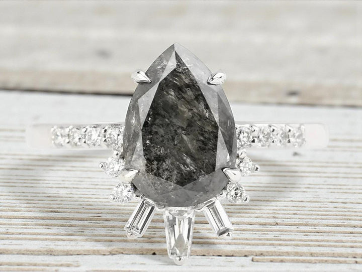 14K White Gold Grey Salt and Pepper Pear Cut Natural Diamond Wedding Ring