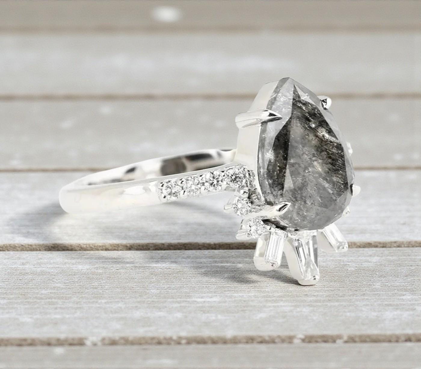 14K White Gold Grey Salt and Pepper Pear Cut Natural Diamond Wedding Ring