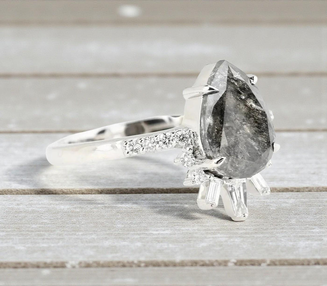 14K White Gold Grey Salt and Pepper Pear Cut Natural Diamond Wedding Ring
