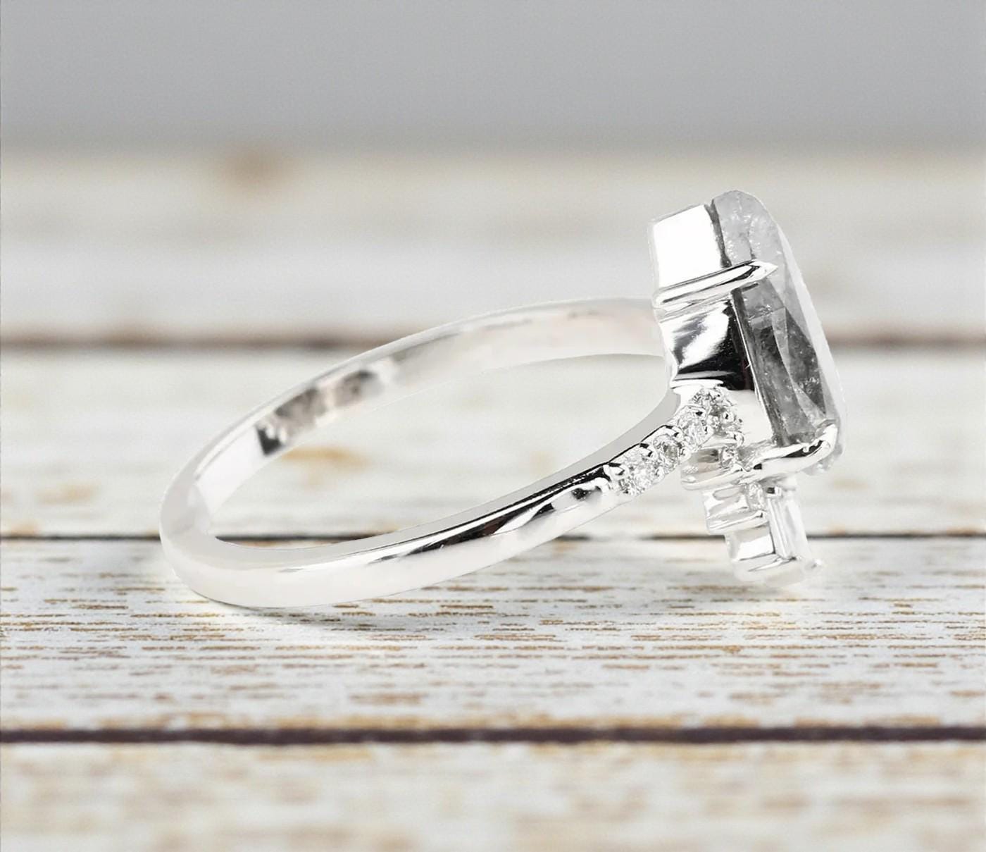 14K White Gold Grey Salt and Pepper Pear Cut Natural Diamond Wedding Ring