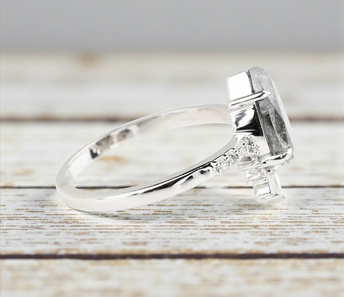 14K White Gold Grey Salt and Pepper Pear Cut Natural Diamond Wedding Ring