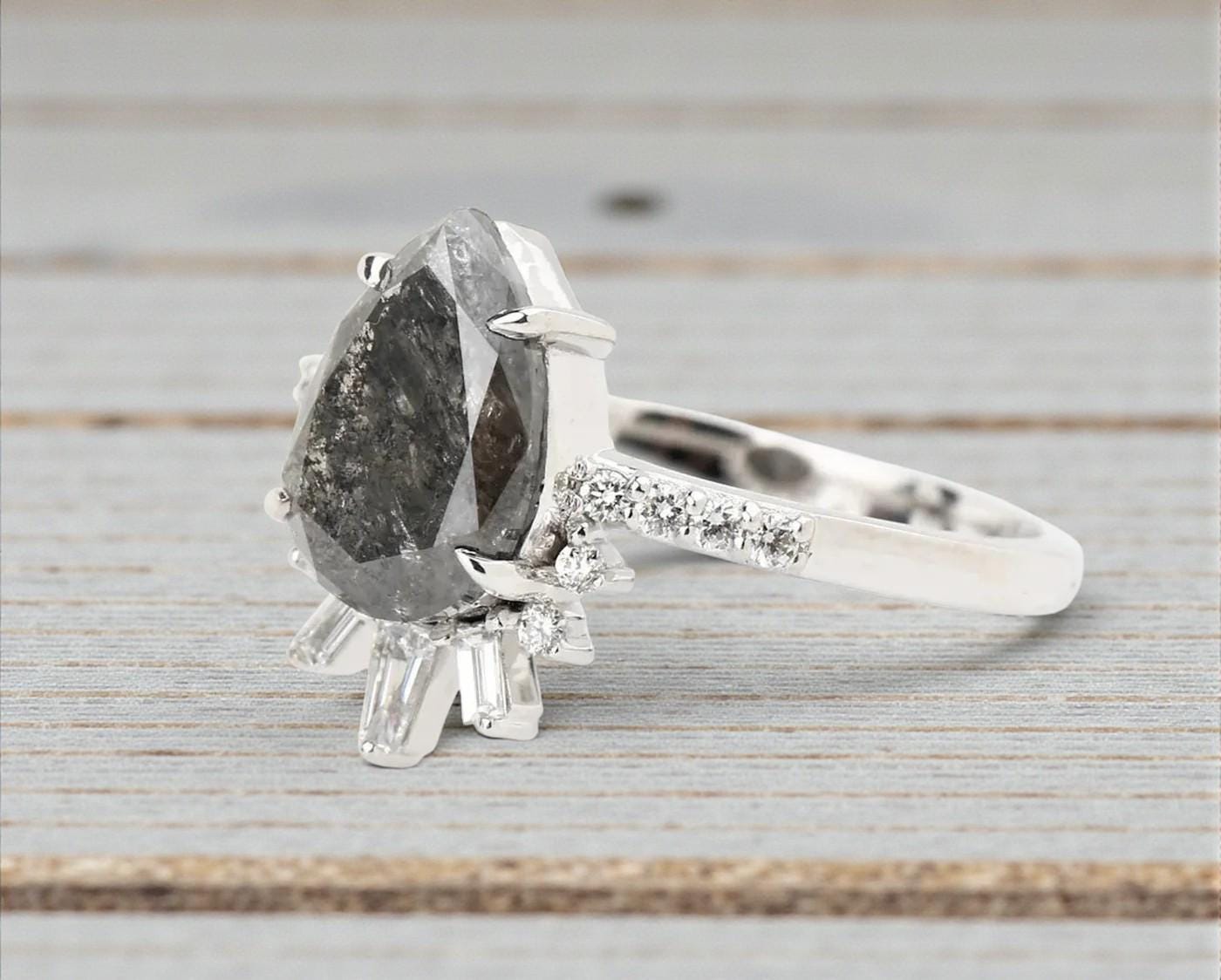 14K White Gold Grey Salt and Pepper Pear Cut Natural Diamond Wedding Ring