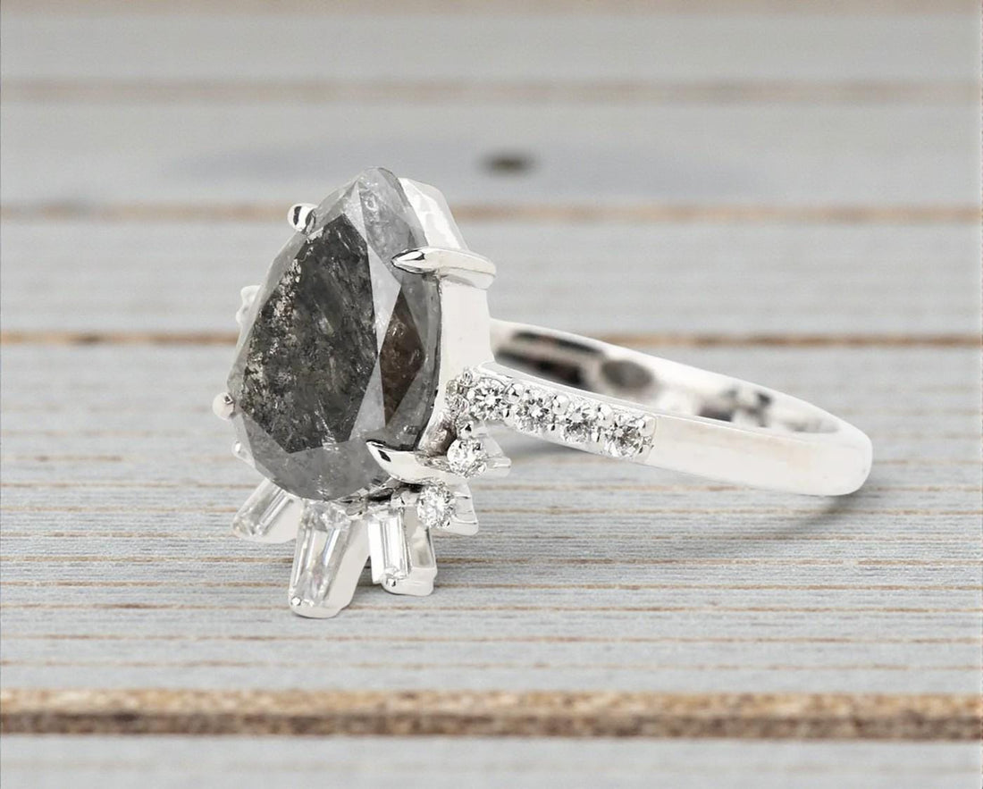 14K White Gold Grey Salt and Pepper Pear Cut Natural Diamond Wedding Ring