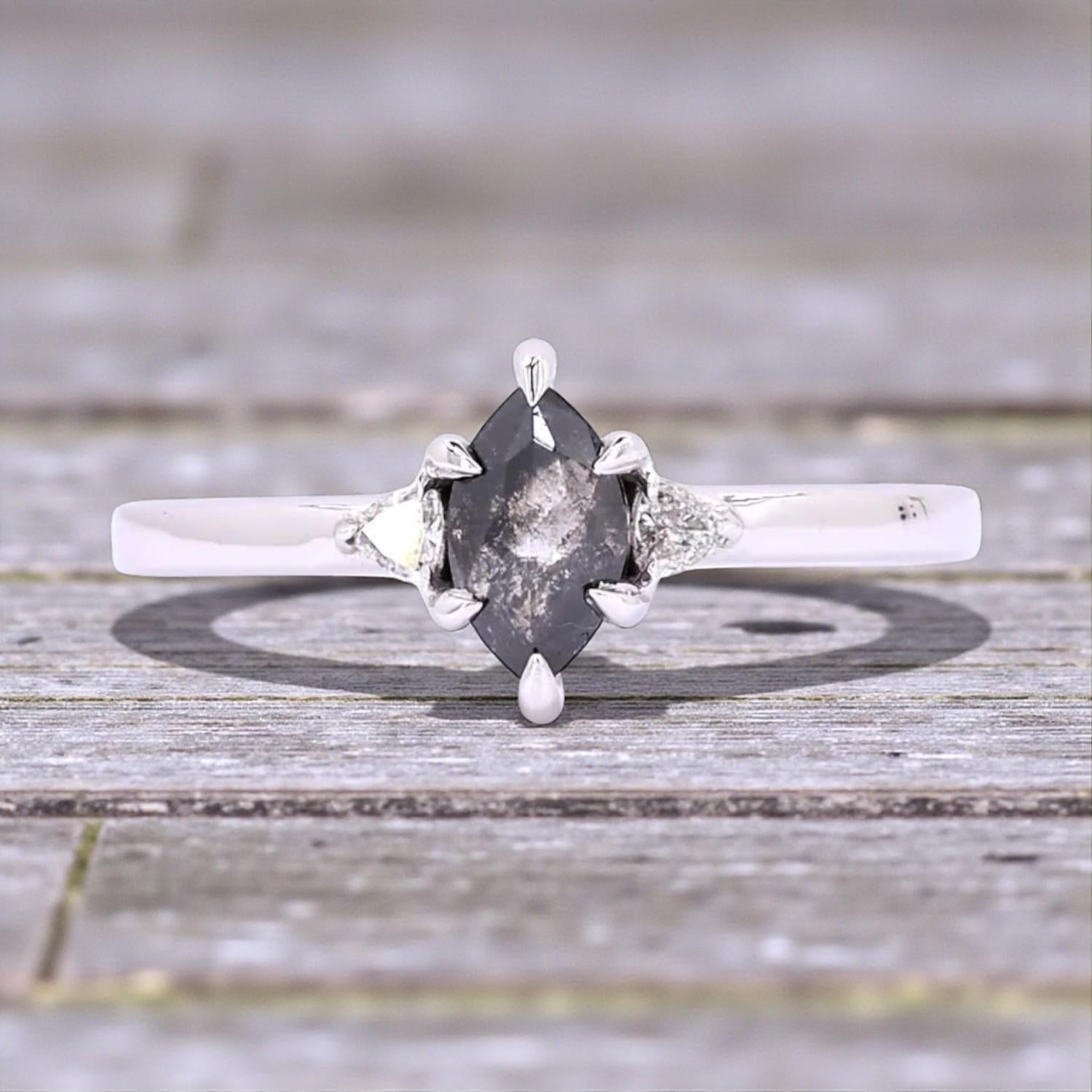 14K Yellow Gold Grey Marquise Cut Salt and Pepper Natural Diamond Engagement Ring