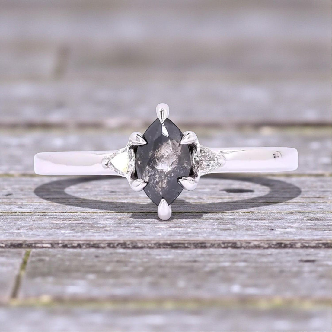14K Yellow Gold Grey Marquise Cut Salt and Pepper Natural Diamond Engagement Ring