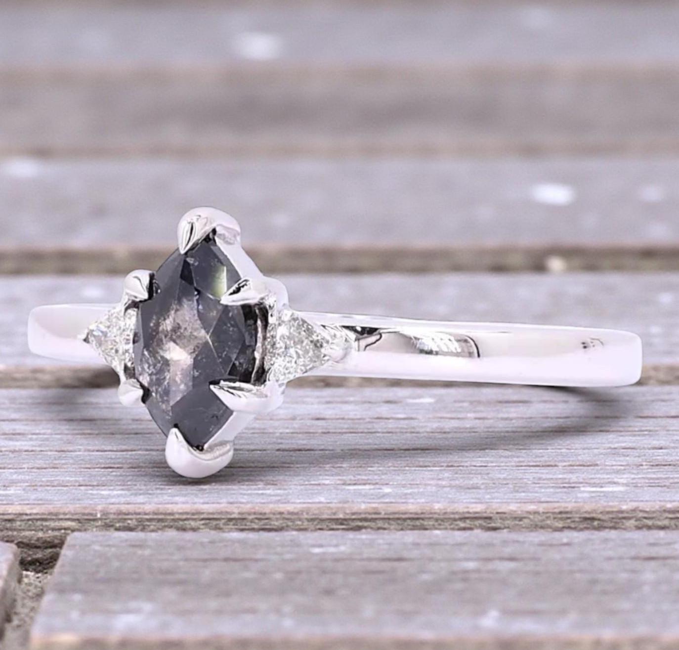 14K Yellow Gold Grey Marquise Cut Salt and Pepper Natural Diamond Engagement Ring