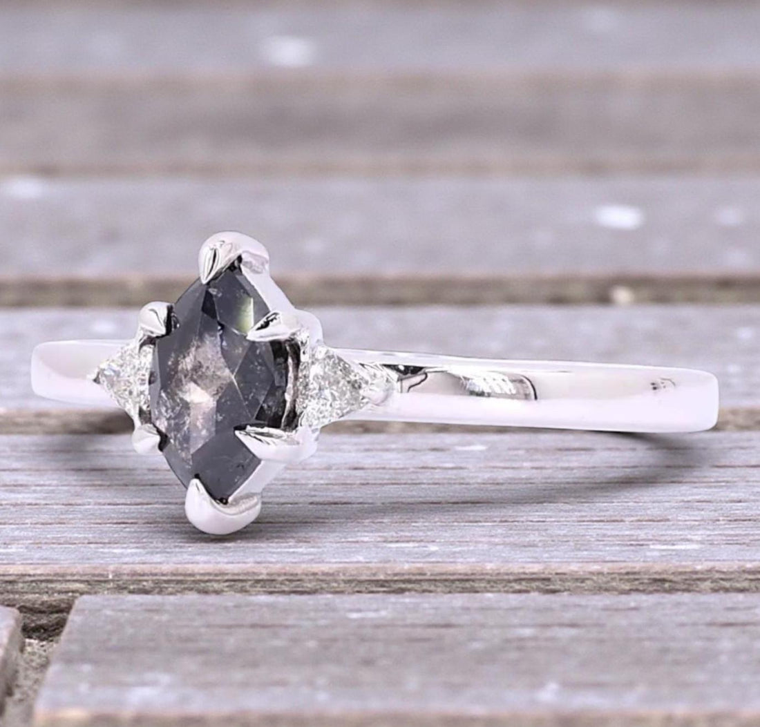 14K Yellow Gold Grey Marquise Cut Salt and Pepper Natural Diamond Engagement Ring