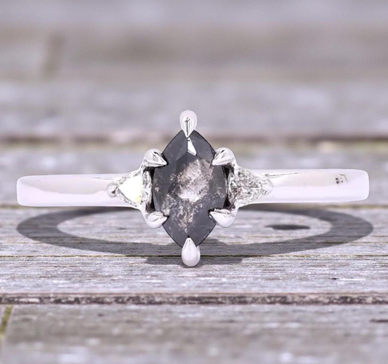 14K Yellow Gold Grey Marquise Cut Salt and Pepper Natural Diamond Engagement Ring