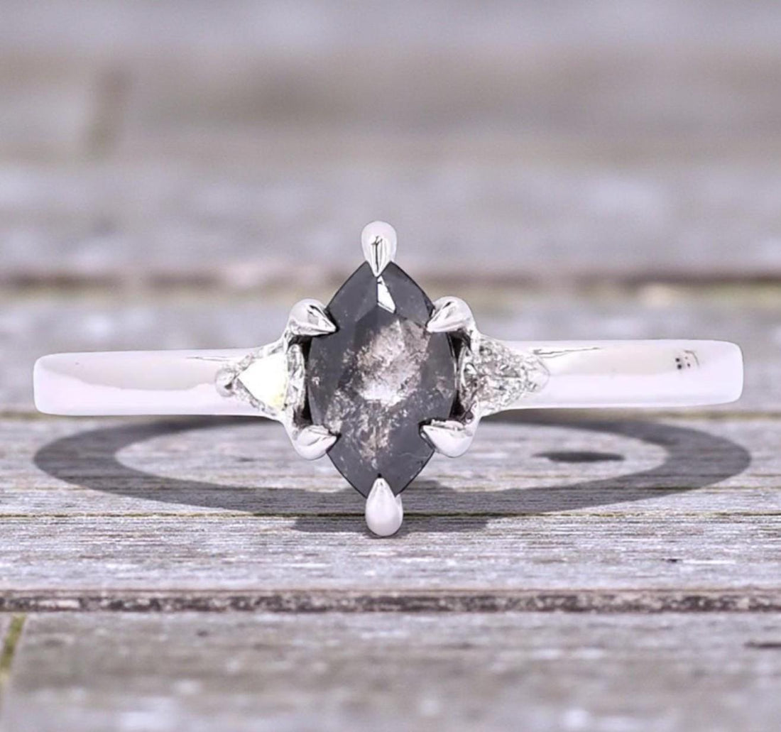 14K Yellow Gold Grey Marquise Cut Salt and Pepper Natural Diamond Engagement Ring