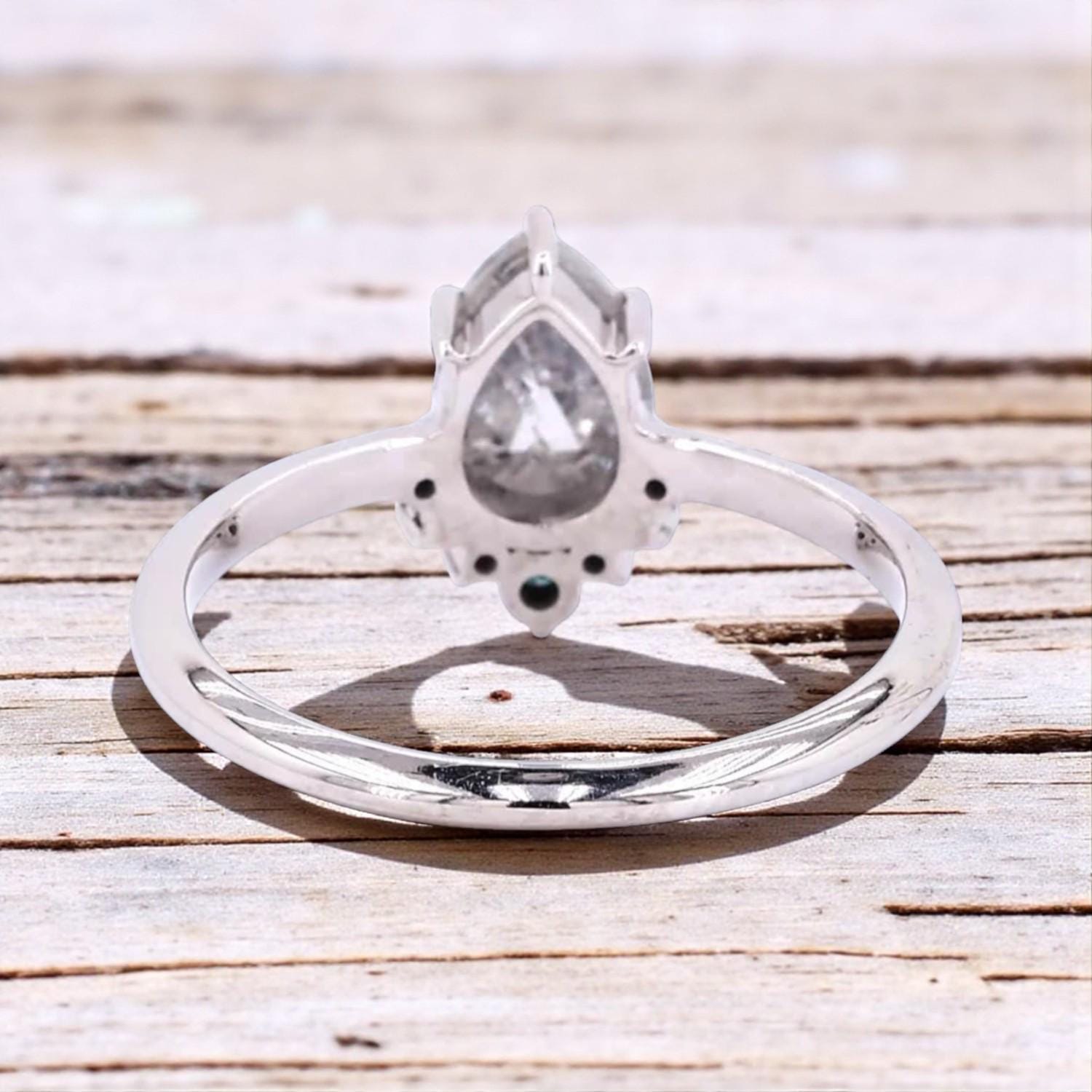 14K Yellow Gold Grey Pear Cut Salt and Pepper Natural Diamond Minimalist Wedding Ring