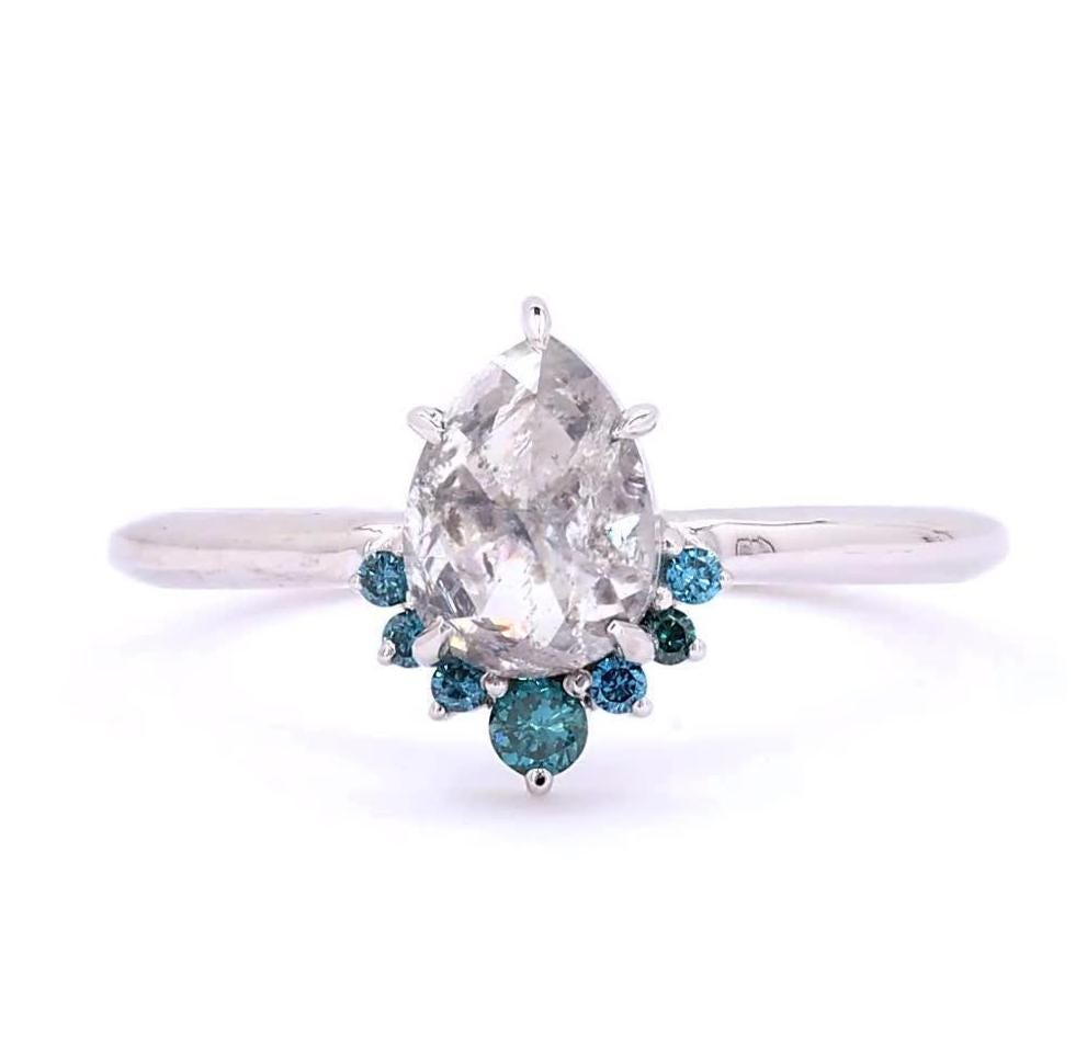 14K Yellow Gold Grey Pear Cut Salt and Pepper Natural Diamond Minimalist Wedding Ring