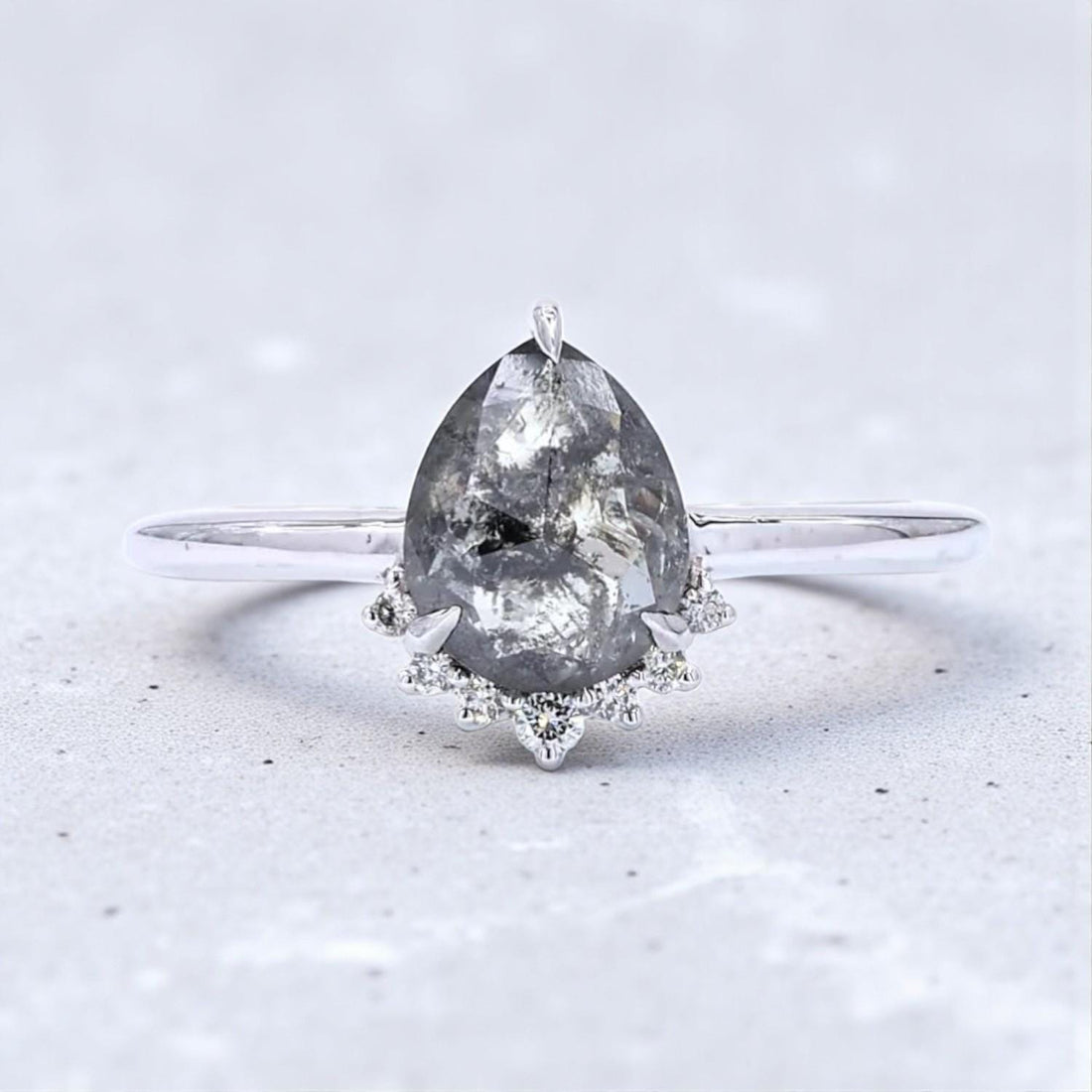 14K White Gold Grey Pear Cut Galaxy Salt and Pepper Natural Diamond Promise Ring