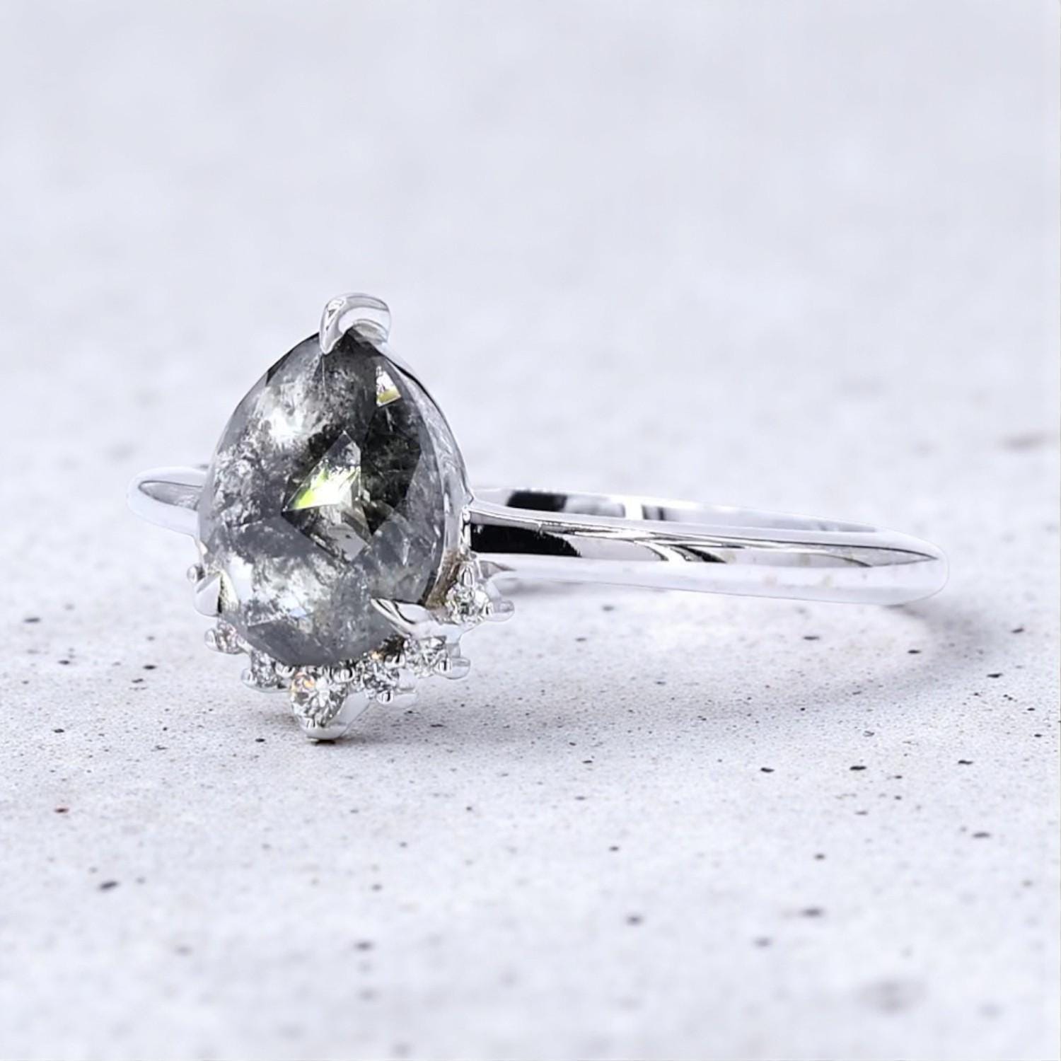 14K White Gold Grey Pear Cut Galaxy Salt and Pepper Natural Diamond Promise Ring