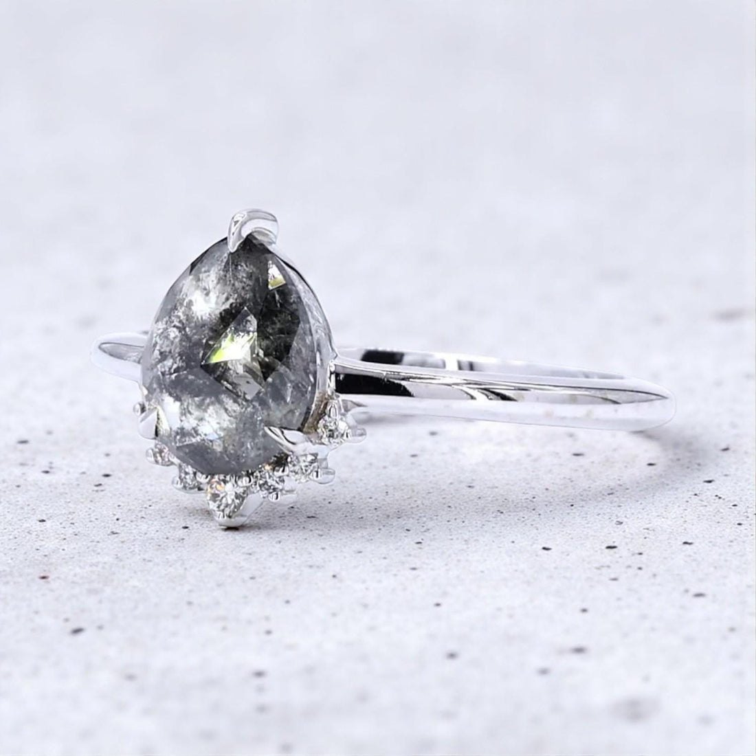 14K White Gold Grey Pear Cut Galaxy Salt and Pepper Natural Diamond Promise Ring