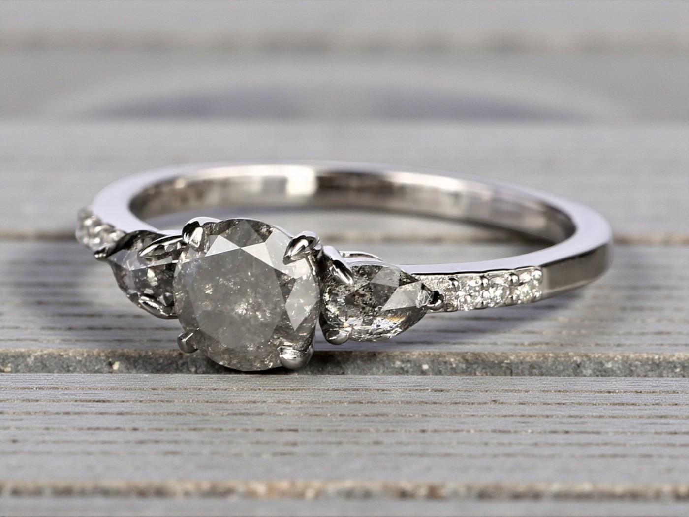 14K Rose Gold Grey Salt and Pepper Round Cut Natural Diamond Promise Ring