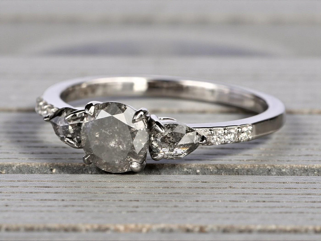 14K Rose Gold Grey Salt and Pepper Round Cut Natural Diamond Promise Ring