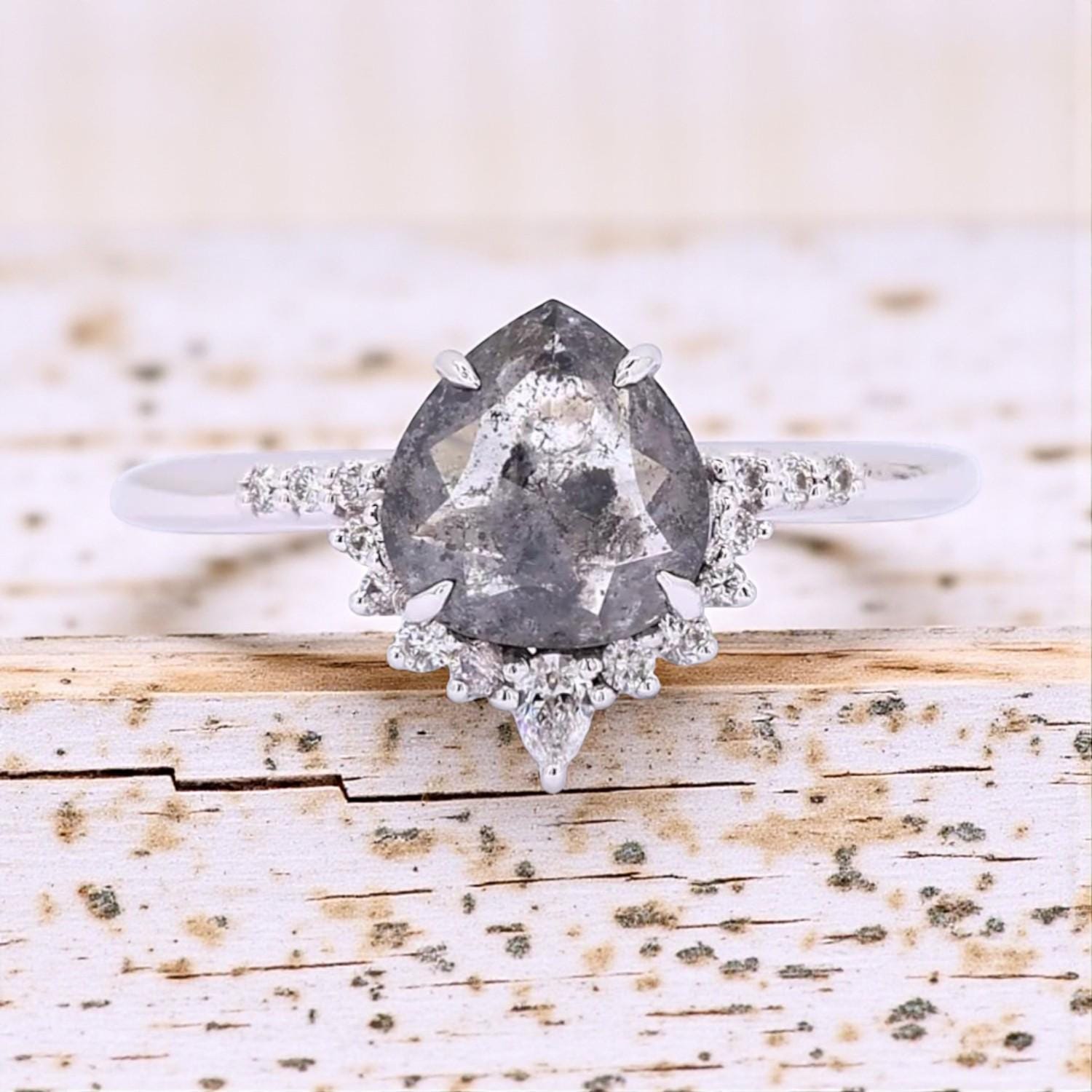 14K White Gold Grey Pear Cut Salt and Pepper Natural Diamond Engagement Ring