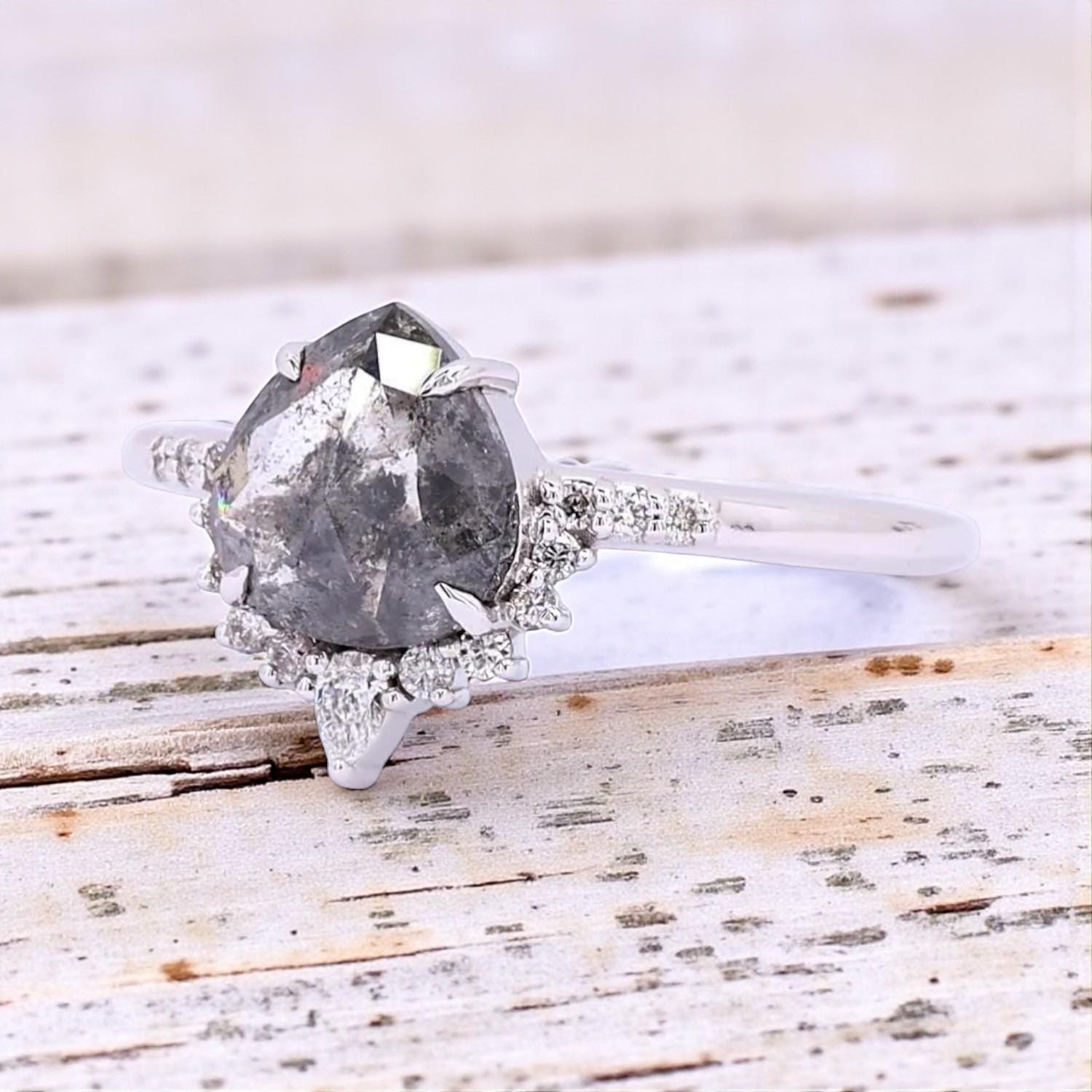 14K White Gold Grey Pear Cut Salt and Pepper Natural Diamond Engagement Ring