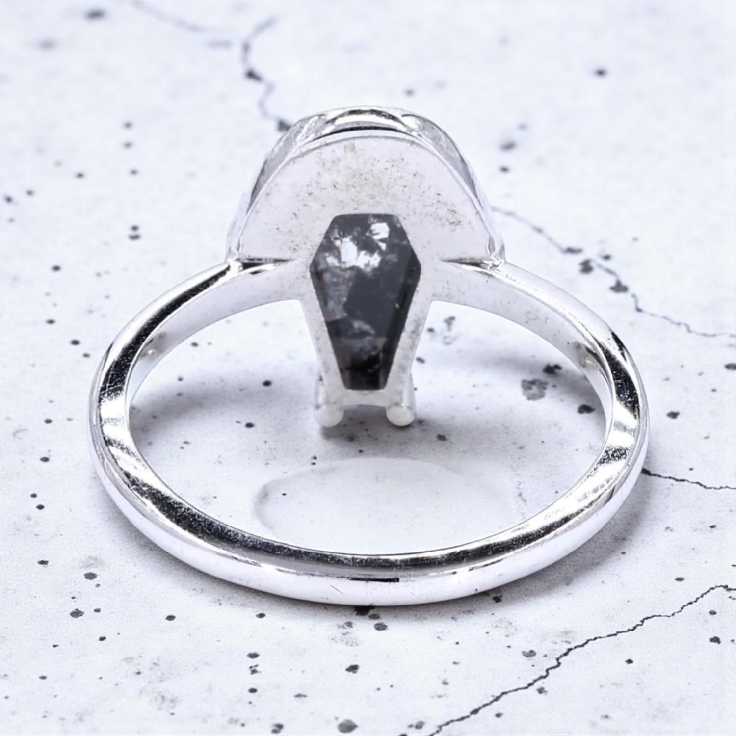 14K White Gold Grey Coffin Cut Salt and Pepper Natural Diamond Wedding Ring