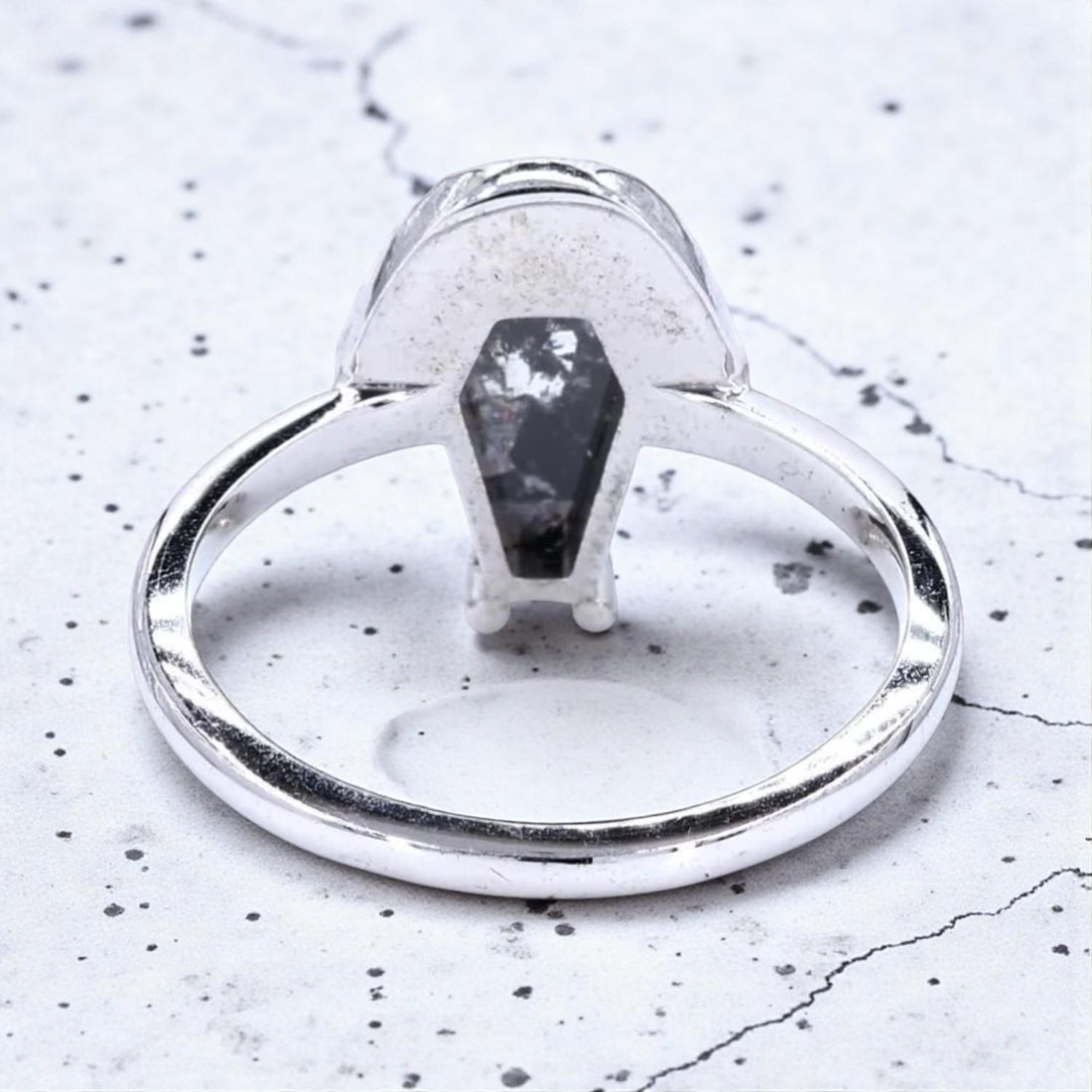 14K White Gold Grey Coffin Cut Salt and Pepper Natural Diamond Wedding Ring