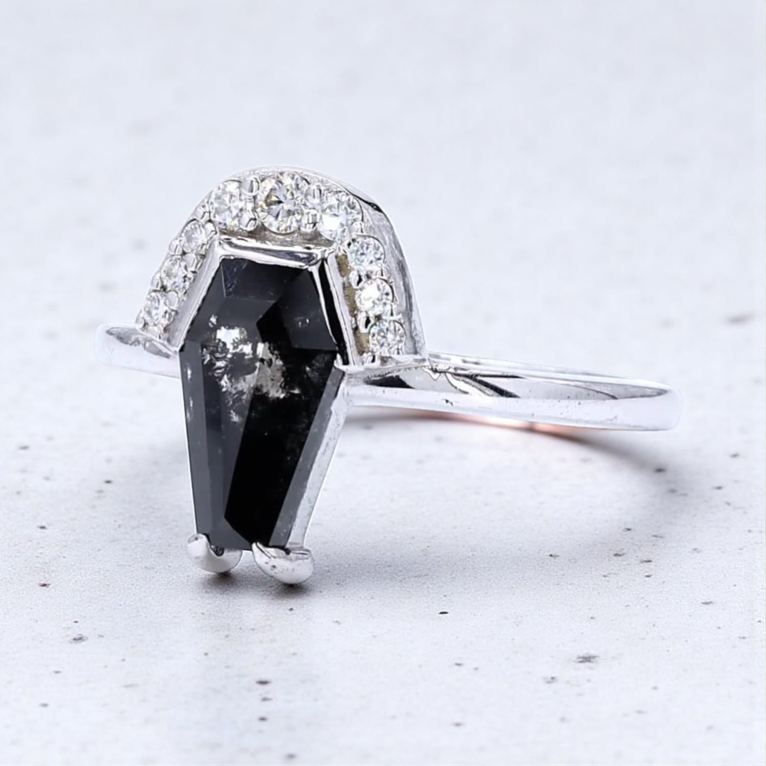 14K White Gold Grey Coffin Cut Salt and Pepper Natural Diamond Wedding Ring
