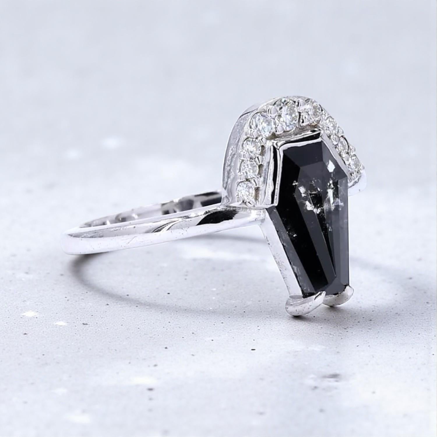 14K White Gold Grey Coffin Cut Salt and Pepper Natural Diamond Wedding Ring