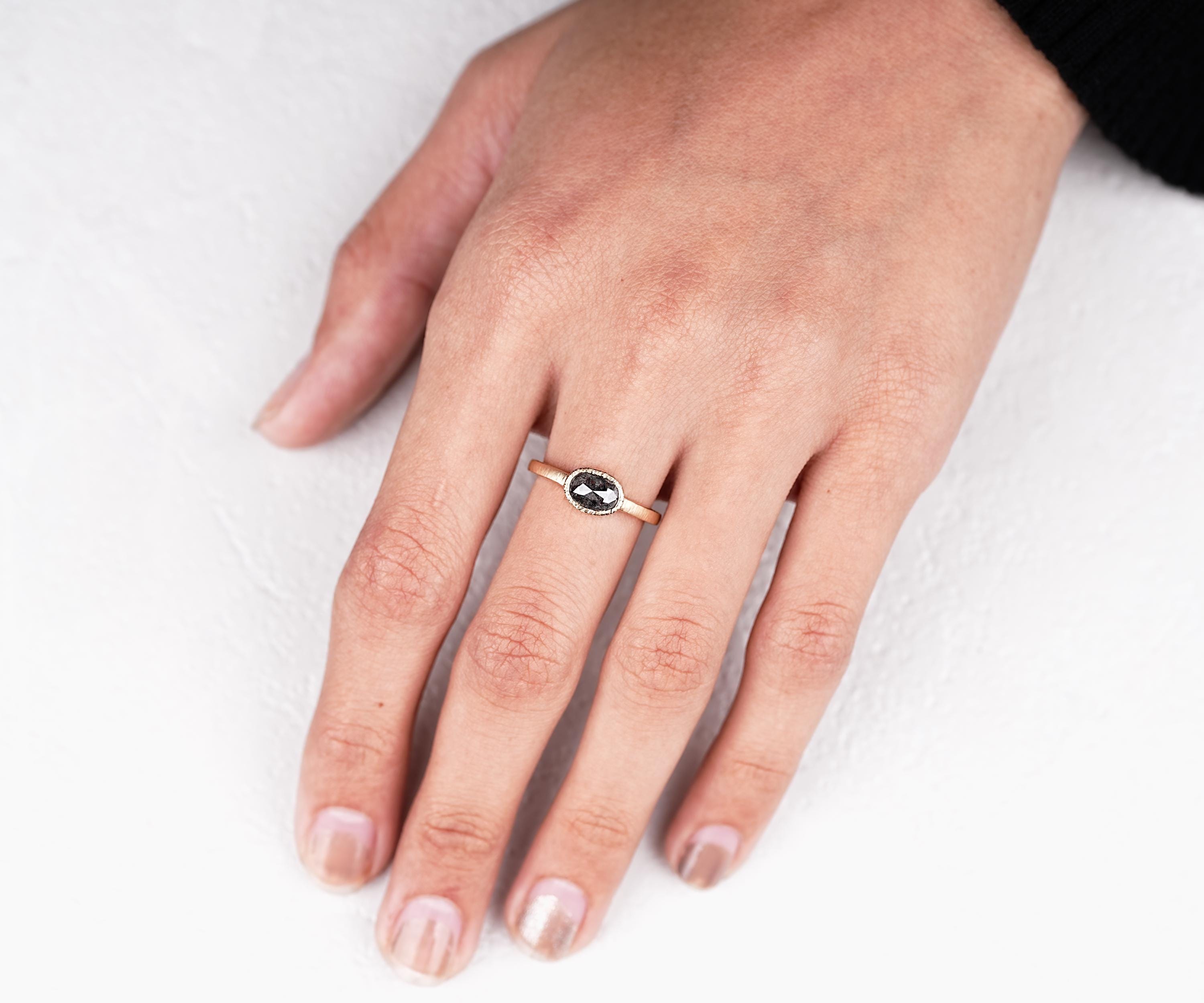 14K Solid Gold Oval Cut Grey Salt & Pepper Natural Diamond For Anniversary Ring
