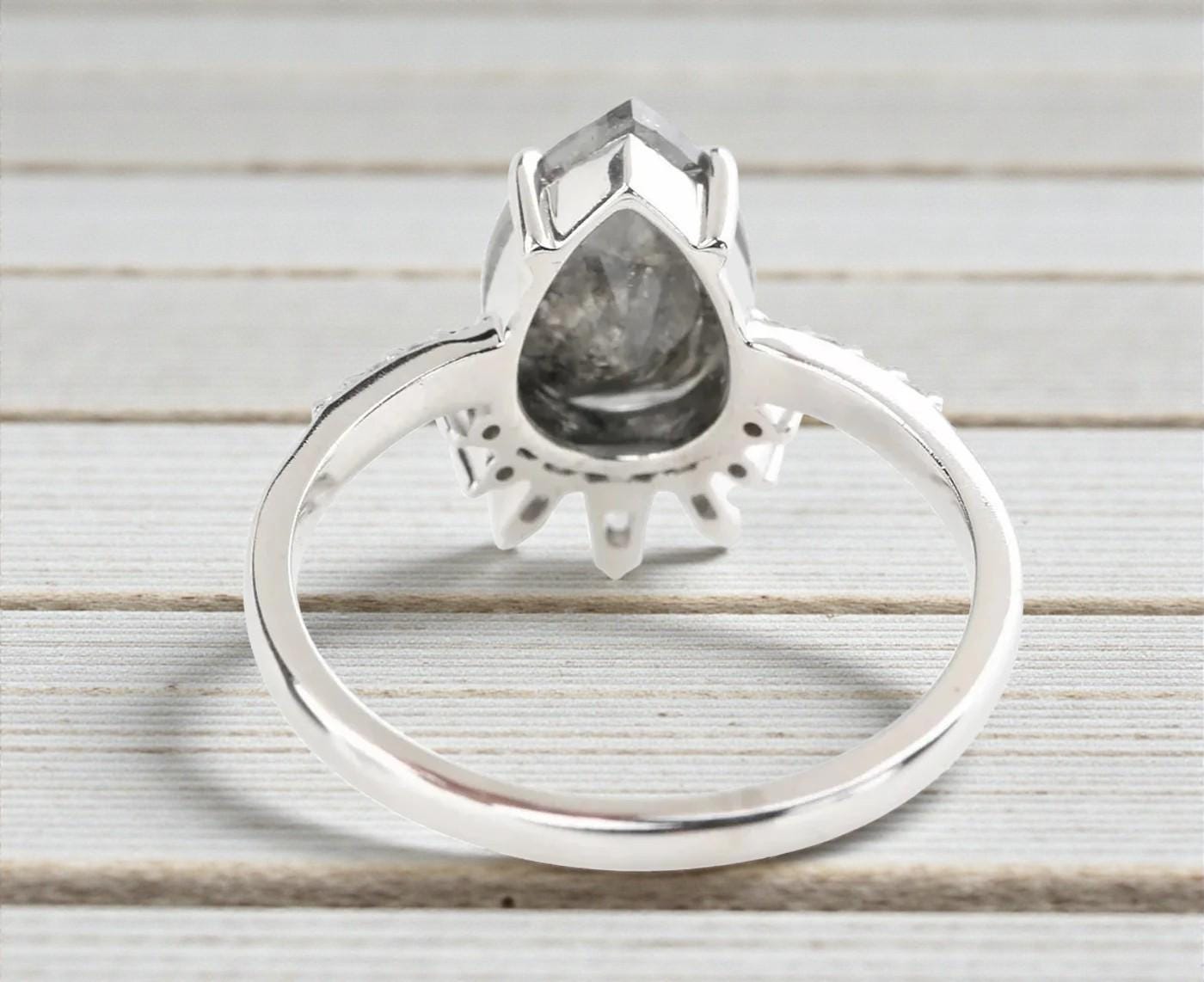 14K White Gold Grey Salt and Pepper Pear Cut Natural Diamond Wedding Ring