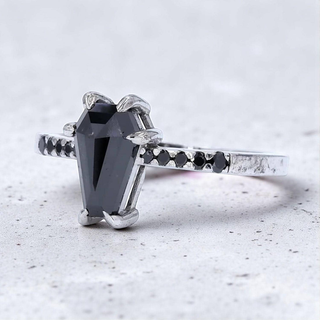 14K White Gold Grey Coffin Cut Salt and Pepper Natural Diamond Anniversary Ring
