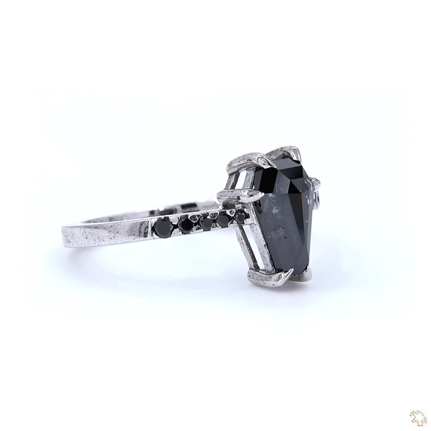 14K White Gold Grey Coffin Cut Salt and Pepper Natural Diamond Anniversary Ring