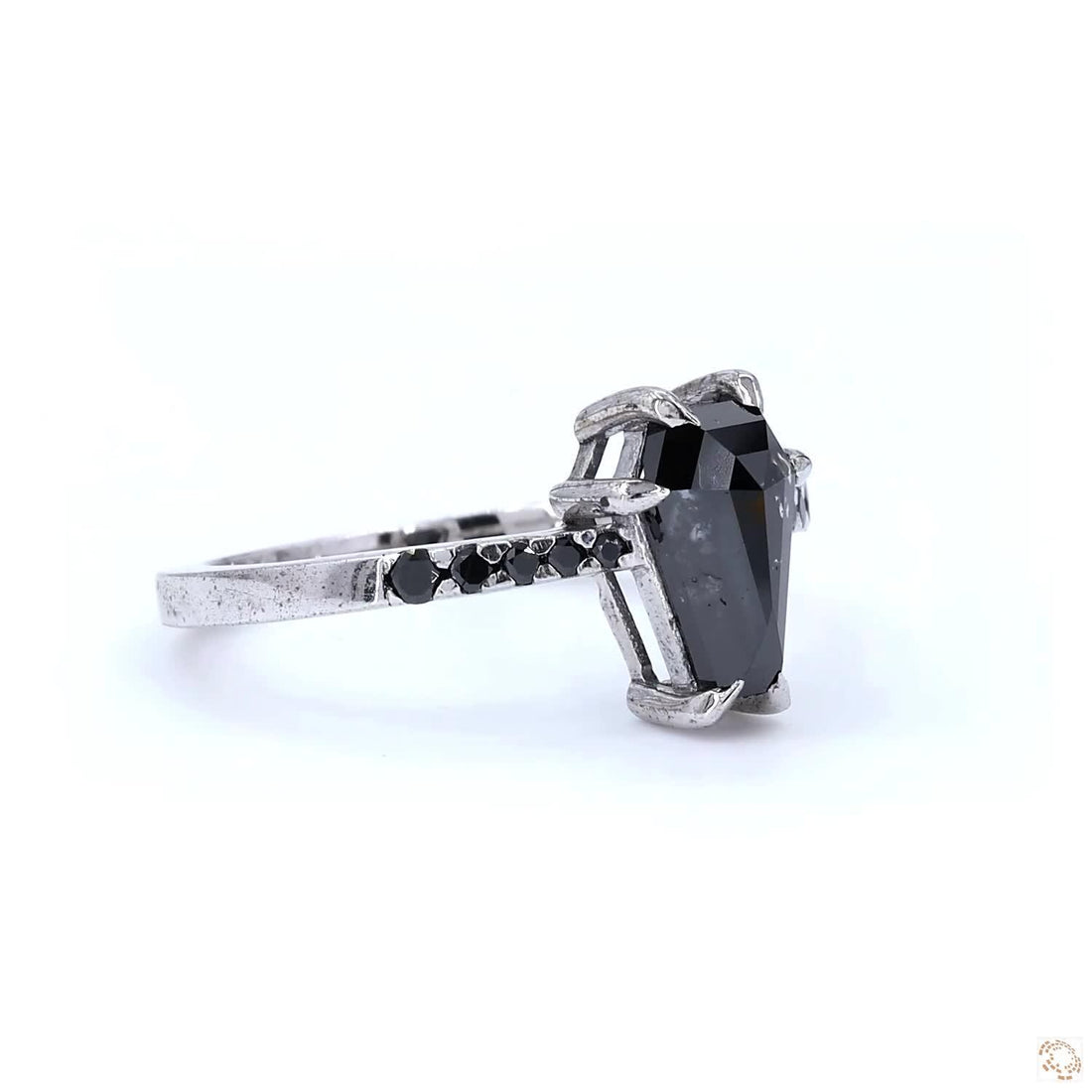 14K White Gold Grey Coffin Cut Salt and Pepper Natural Diamond Anniversary Ring