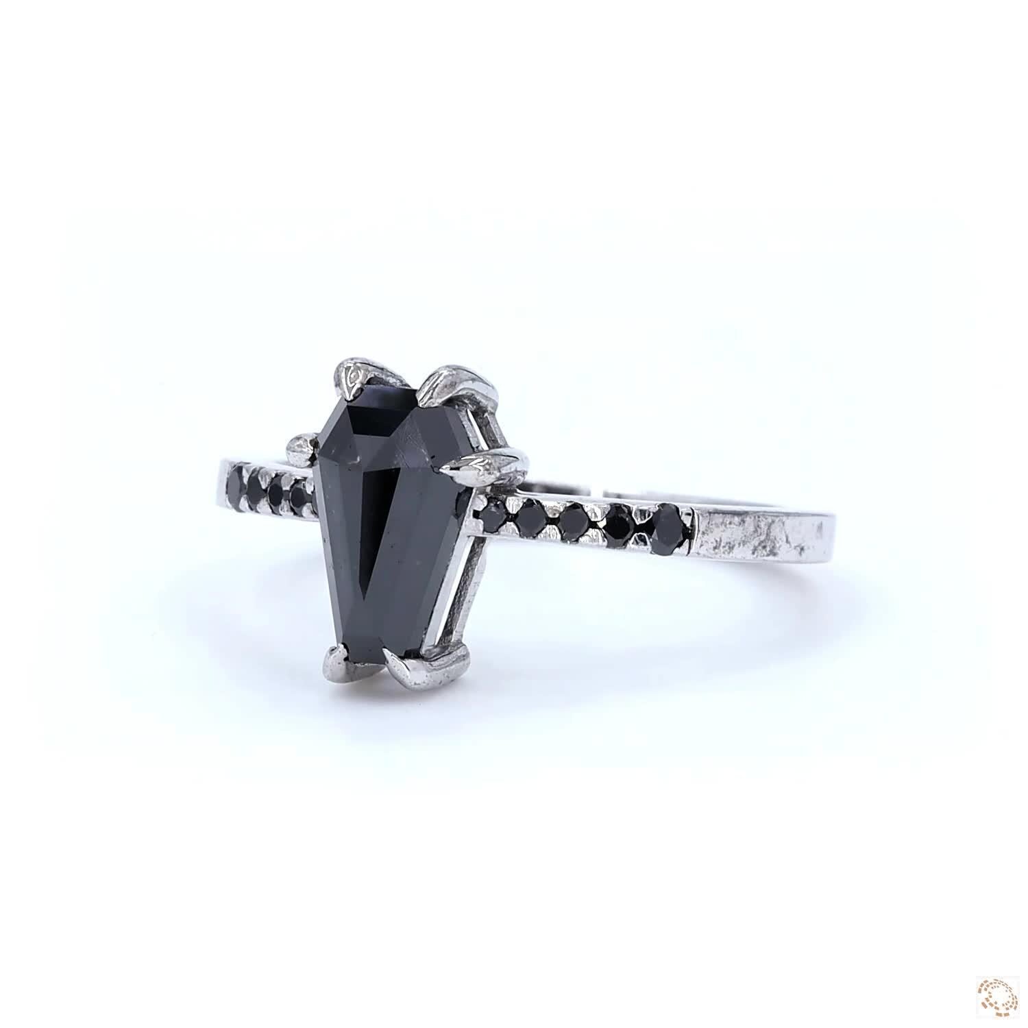 14K White Gold Grey Coffin Cut Salt and Pepper Natural Diamond Anniversary Ring