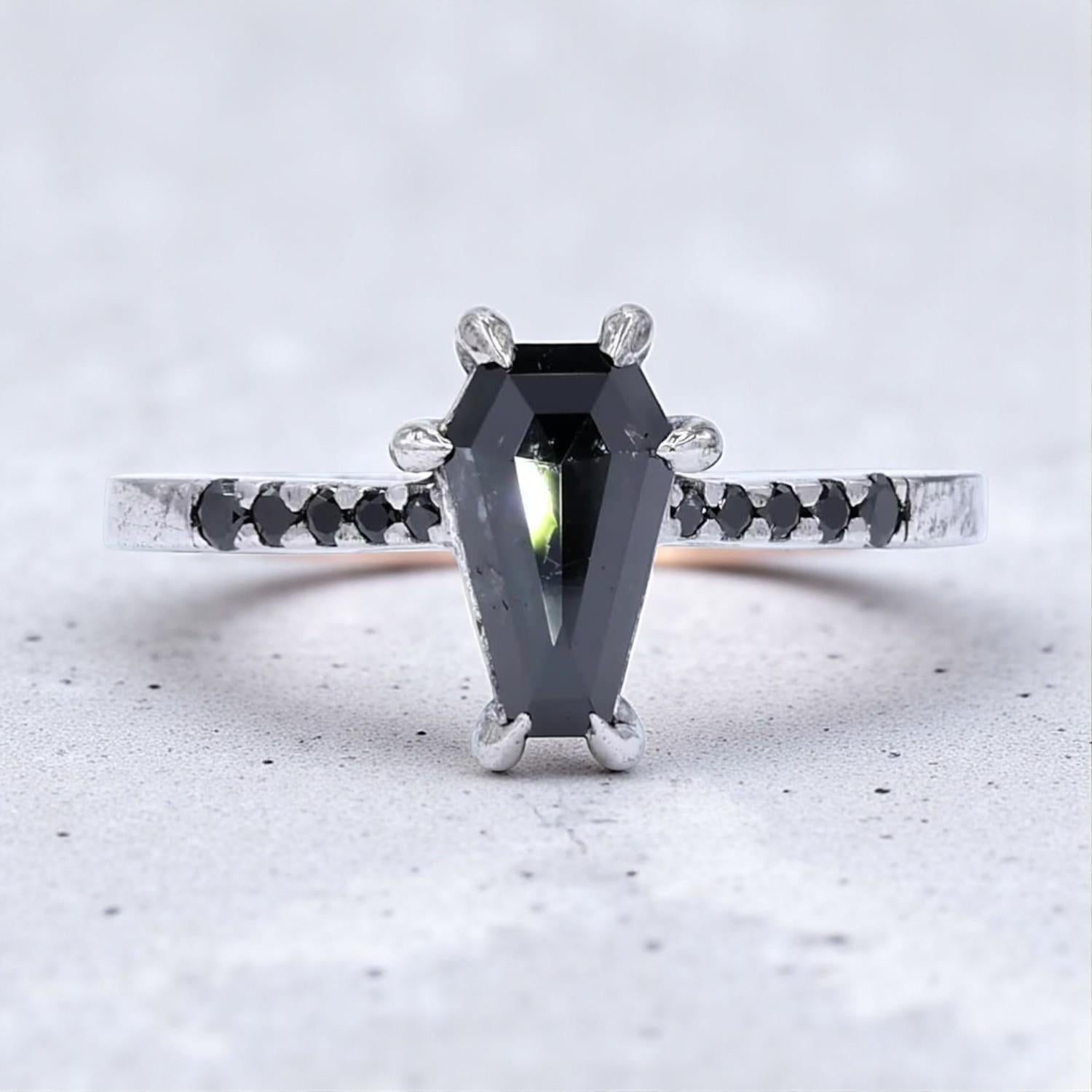 14K White Gold Grey Coffin Cut Salt and Pepper Natural Diamond Anniversary Ring