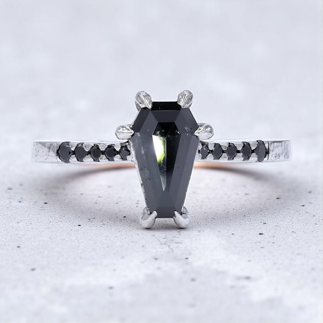 14K White Gold Grey Coffin Cut Salt and Pepper Natural Diamond Anniversary Ring