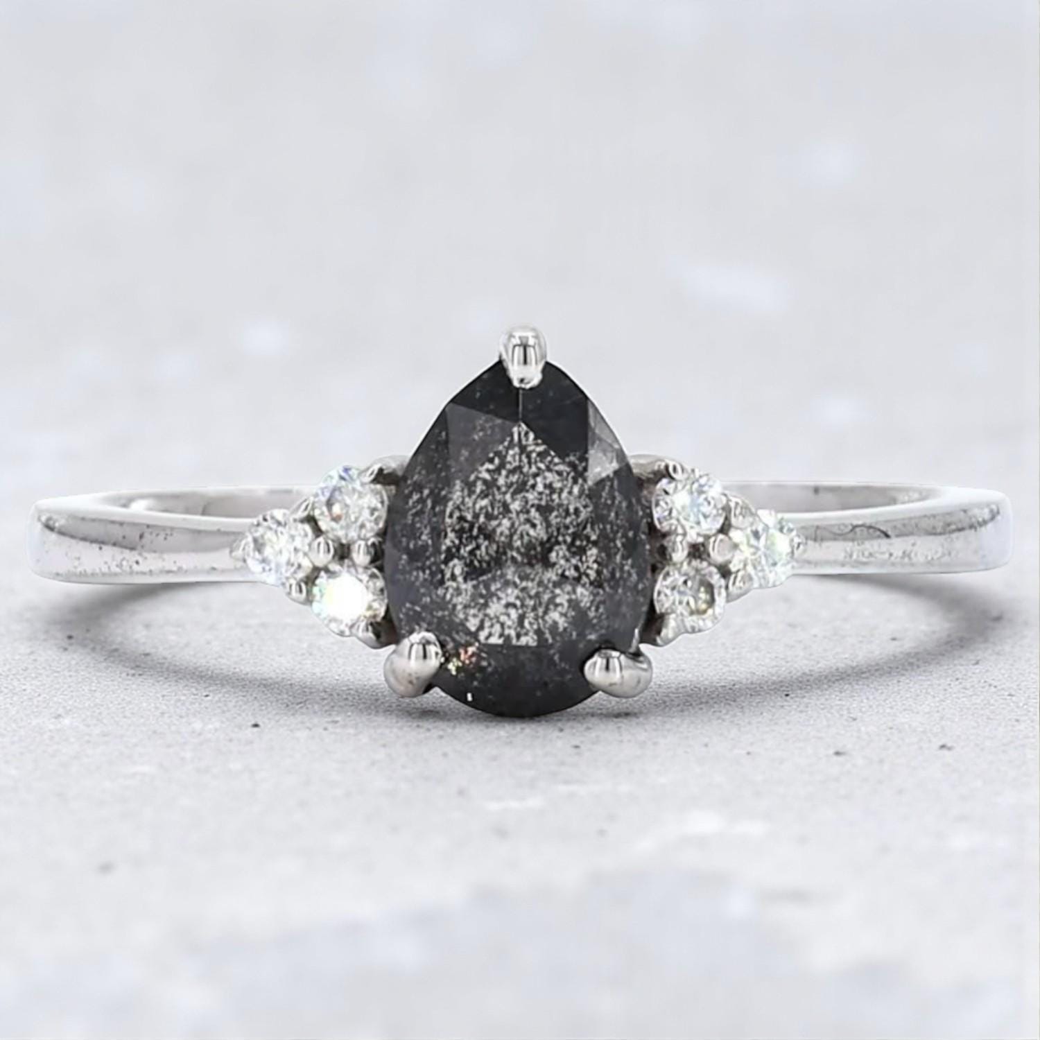 14K Rose Gold Pear Cut Salt And Pepper Diamond Pear Grey Diamond For Engagement Ring