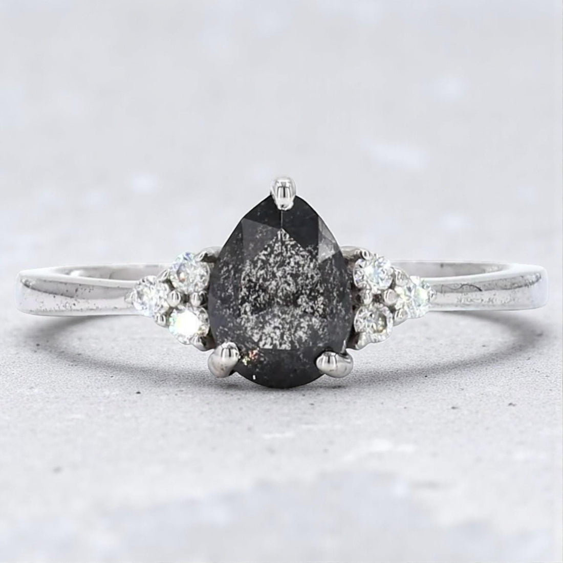 14K White Gold Grey Pear Cut Salt and Pepper Natural Galaxy Diamond Promise Ring