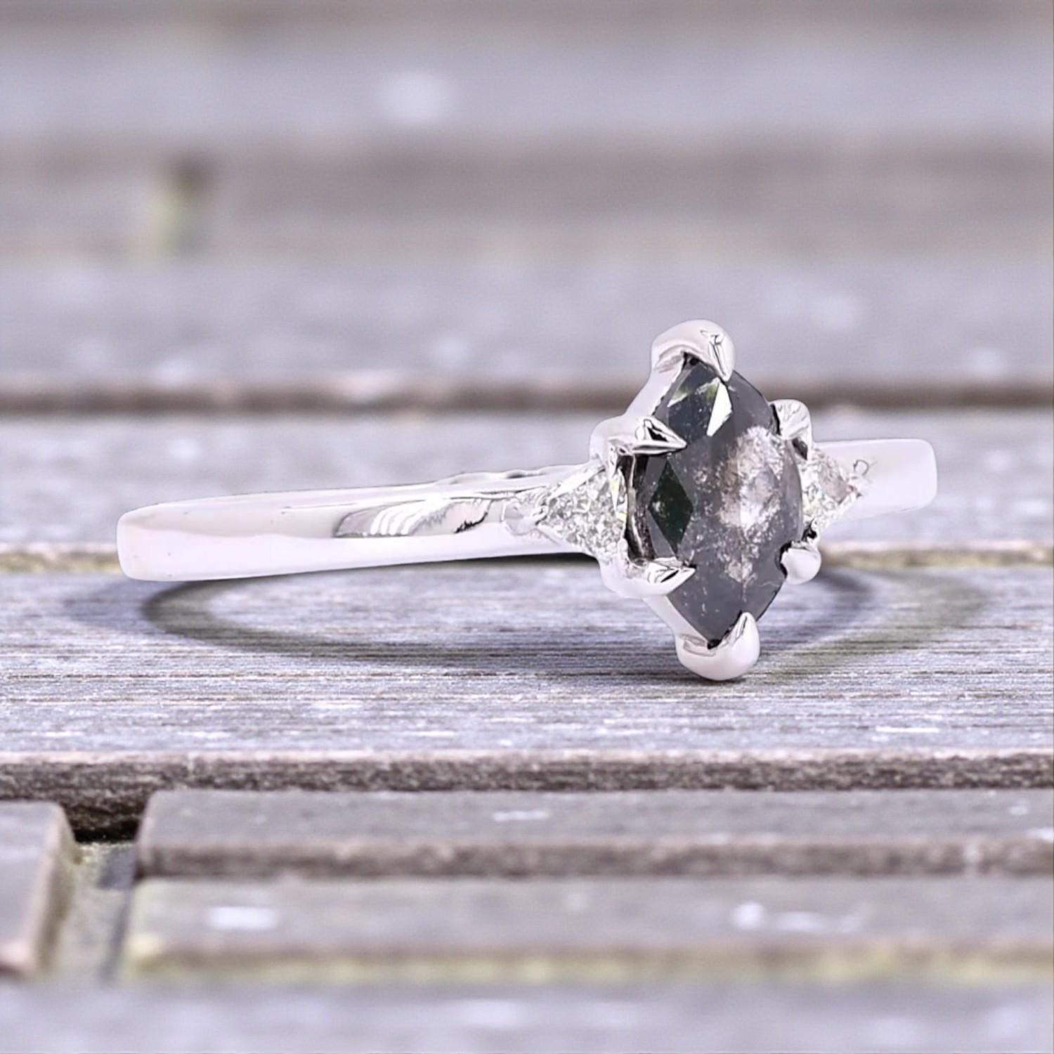 14K Yellow Gold Grey Marquise Cut Salt and Pepper Natural Diamond Engagement Ring