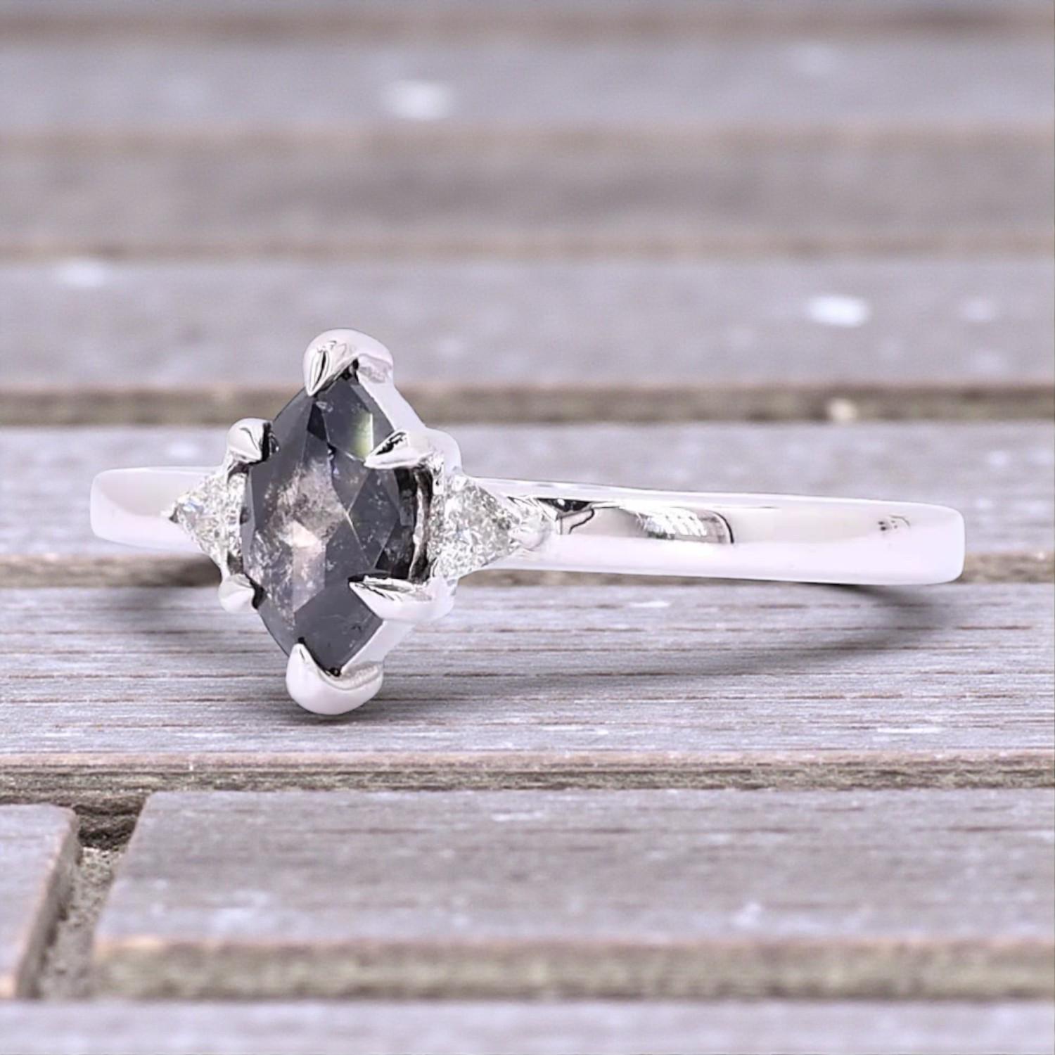 14K Yellow Gold Grey Marquise Cut Salt and Pepper Natural Diamond Engagement Ring