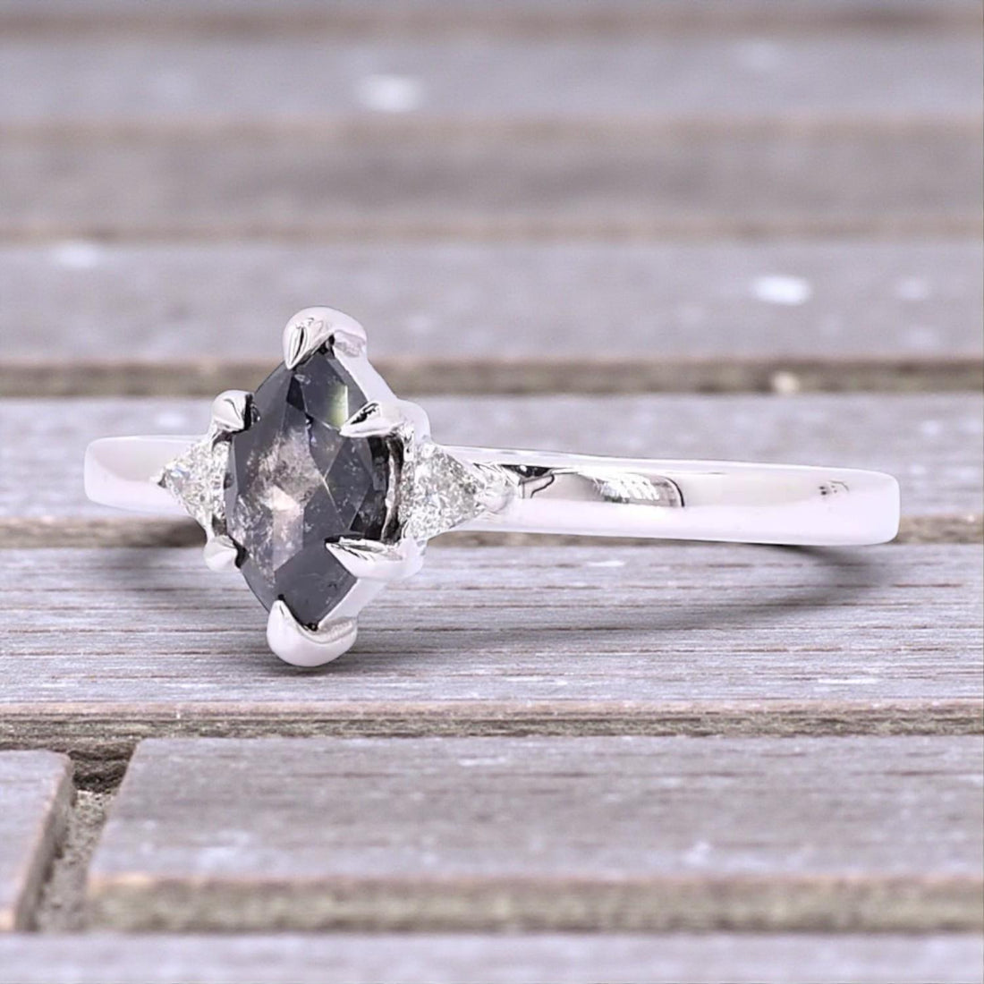 14K Yellow Gold Grey Marquise Cut Salt and Pepper Natural Diamond Engagement Ring
