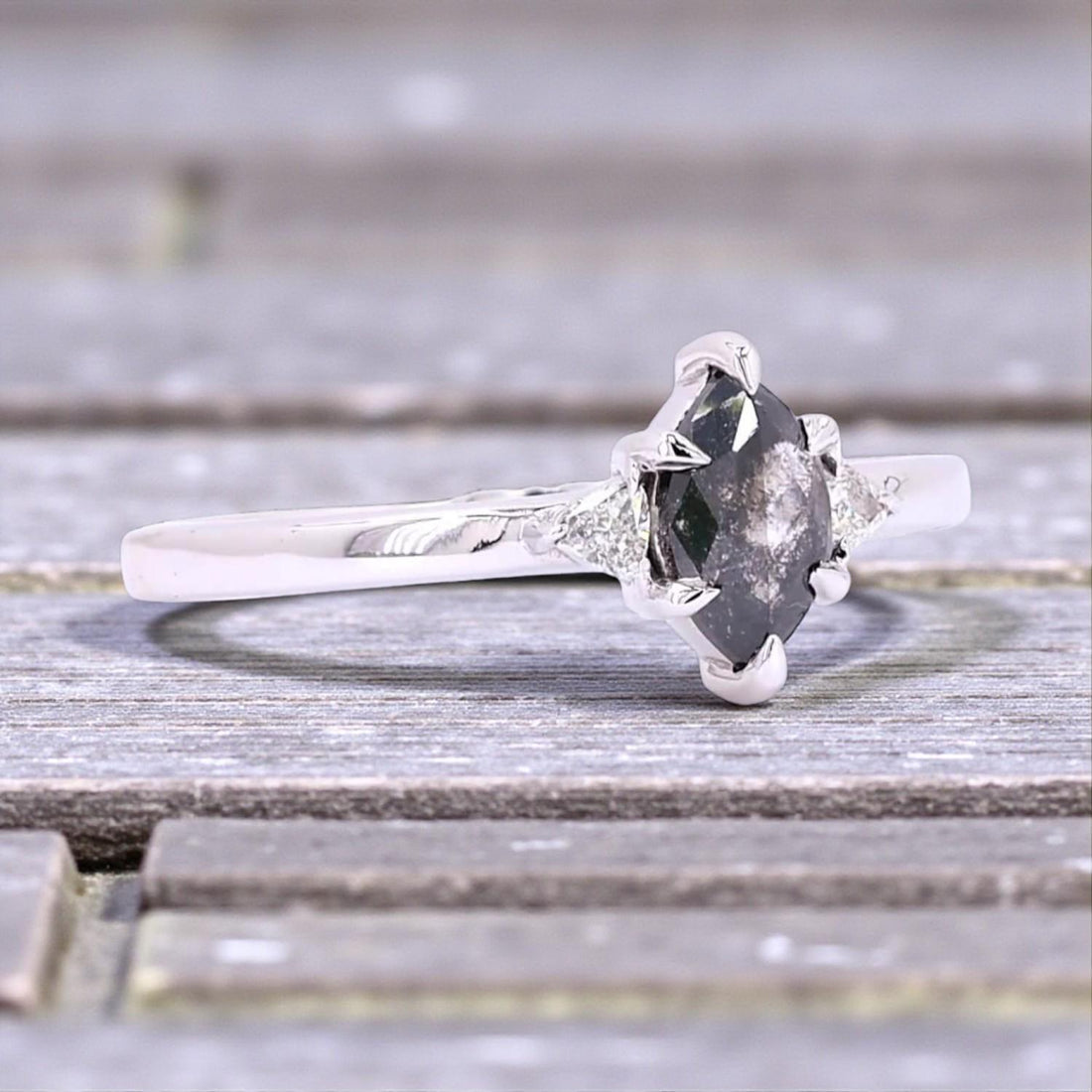 14K Yellow Gold Grey Marquise Cut Salt and Pepper Natural Diamond Engagement Ring