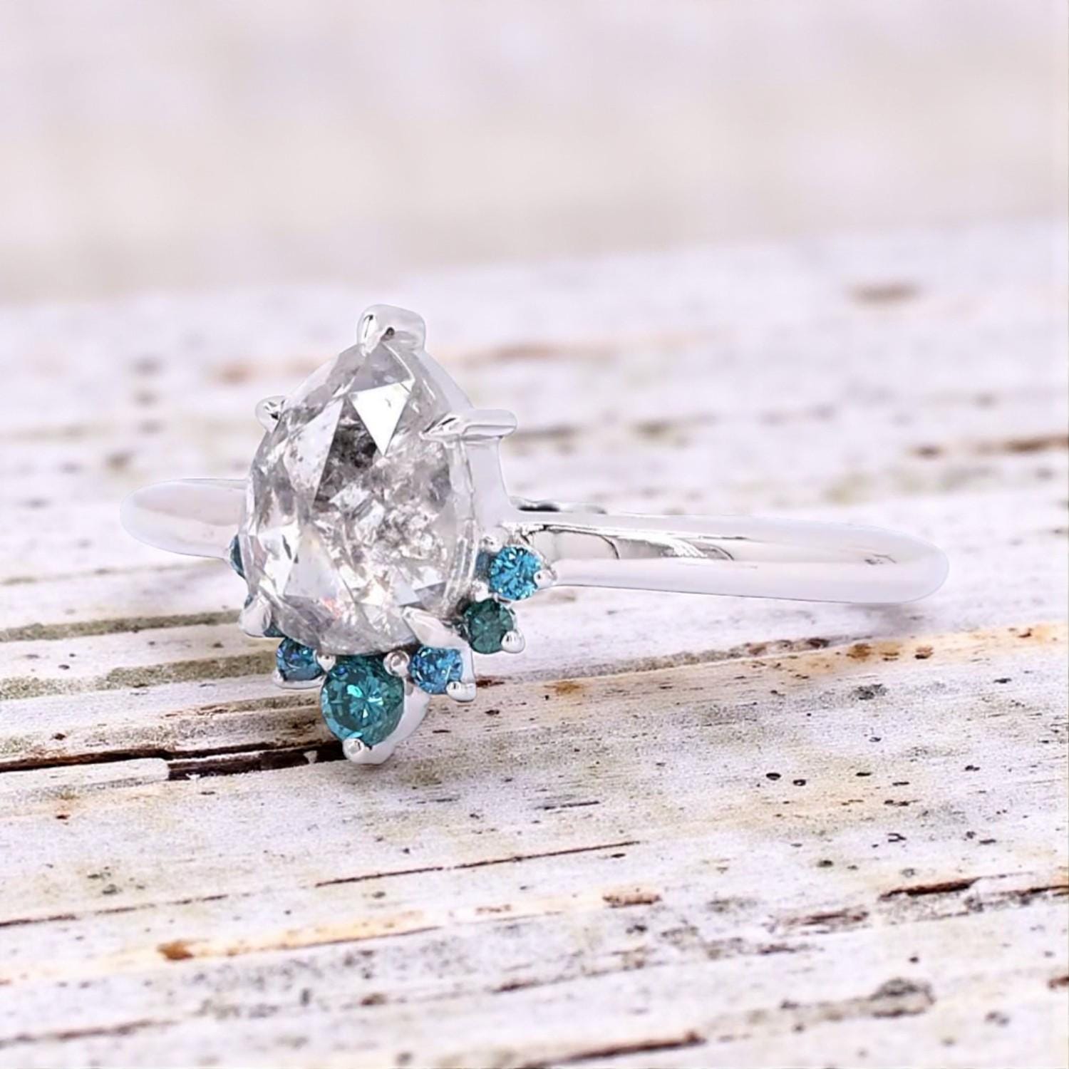 14K Yellow Gold Grey Pear Cut Salt and Pepper Natural Diamond Minimalist Wedding Ring