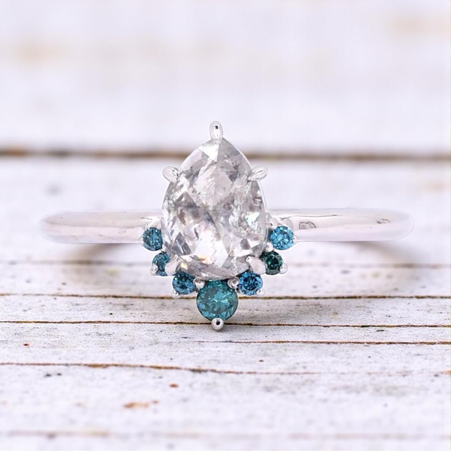 14K Yellow Gold Grey Pear Cut Salt and Pepper Natural Diamond Minimalist Wedding Ring