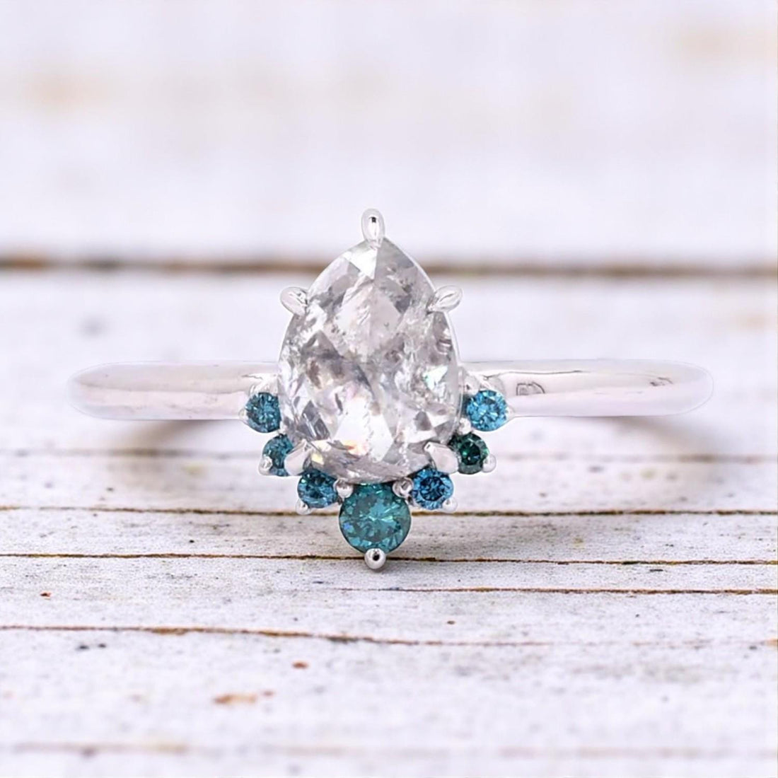 14K Yellow Gold Grey Pear Cut Salt and Pepper Natural Diamond Minimalist Wedding Ring
