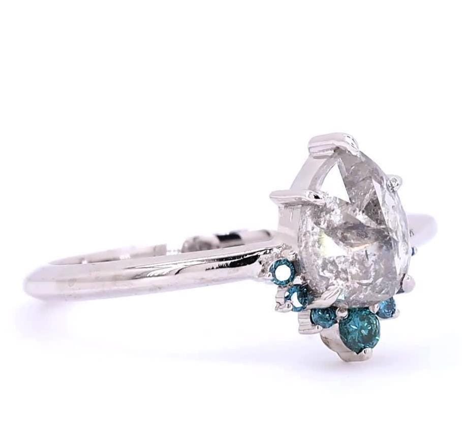 14K Yellow Gold Grey Pear Cut Salt and Pepper Natural Diamond Minimalist Wedding Ring