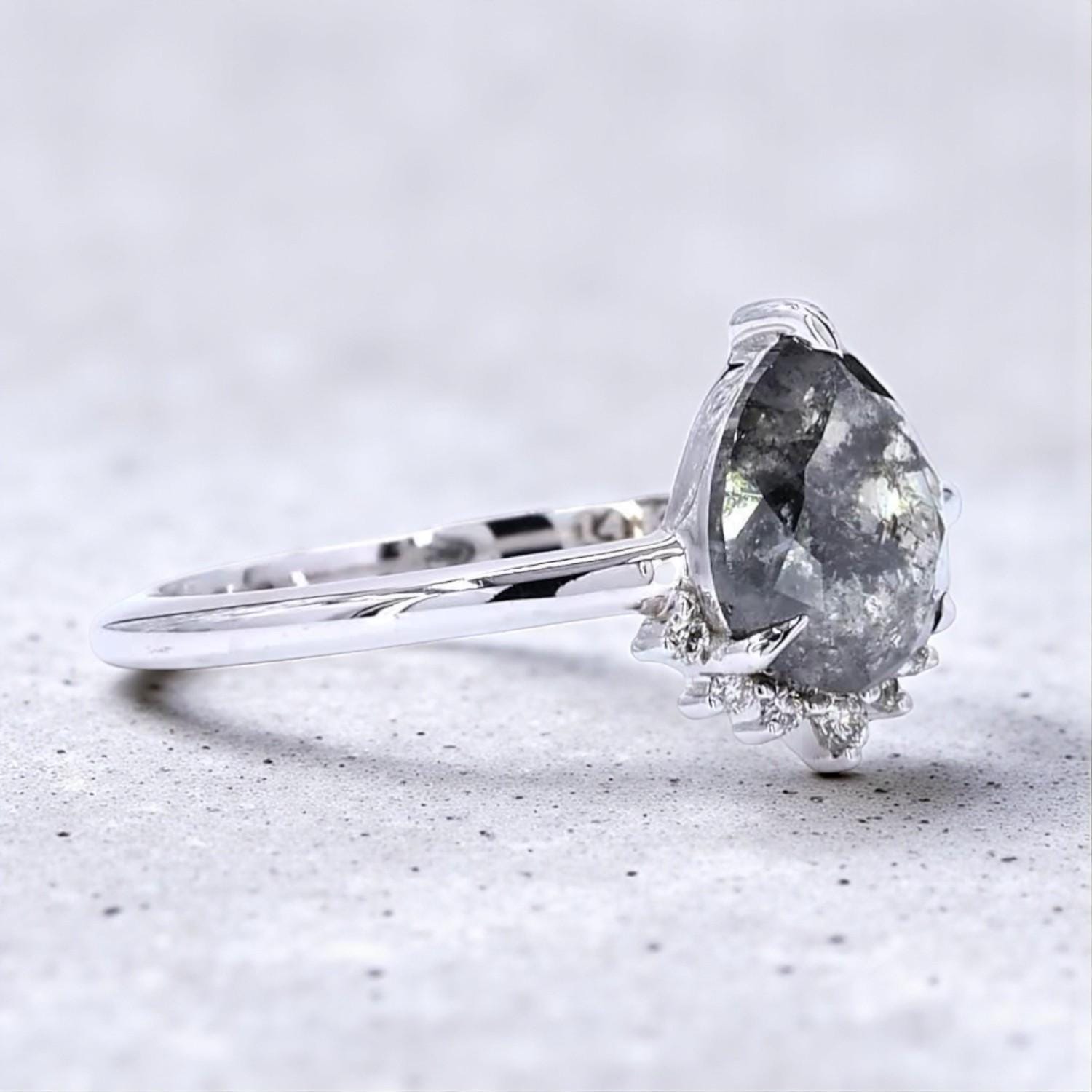 14K White Gold Grey Pear Cut Galaxy Salt and Pepper Natural Diamond Promise Ring