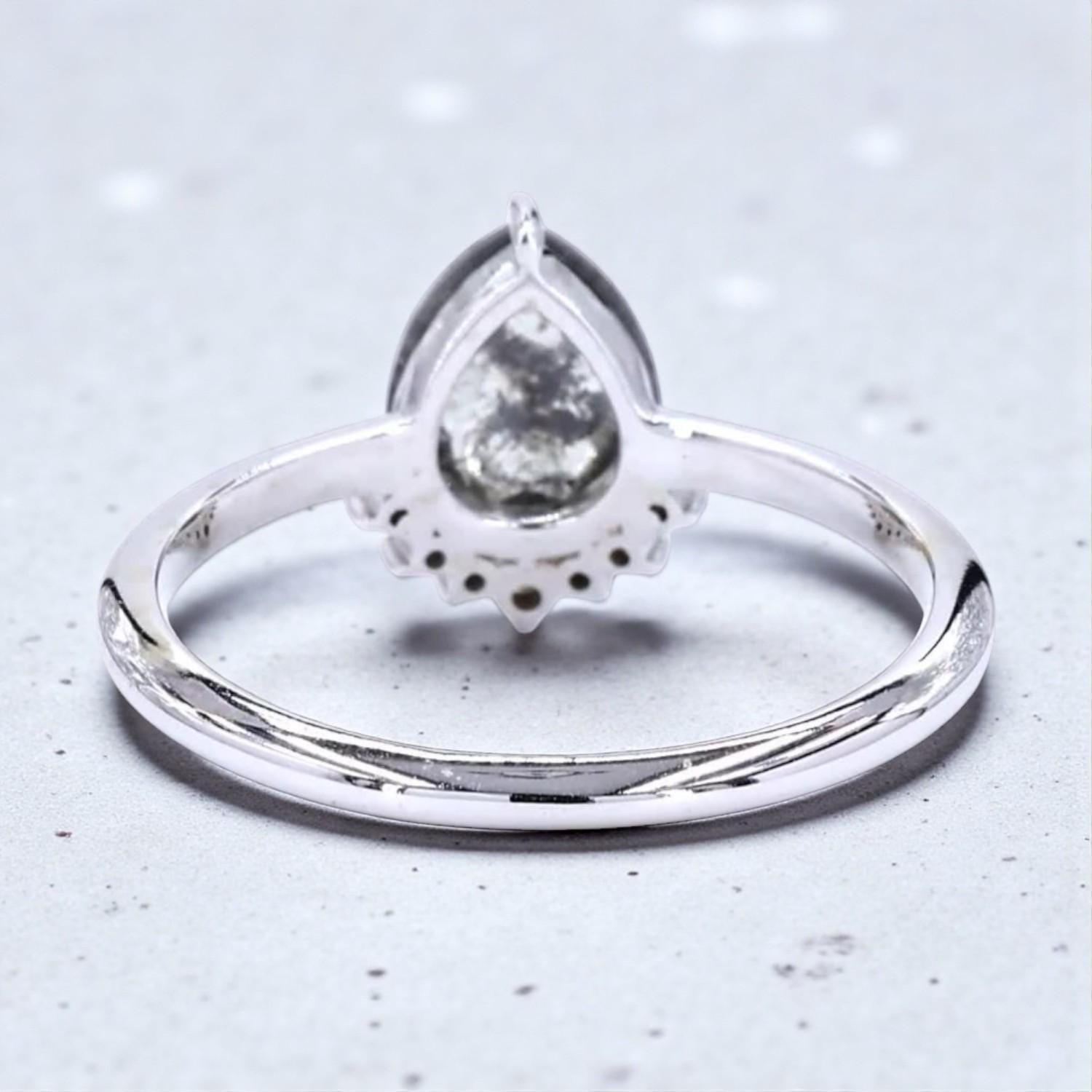 14K White Gold Grey Pear Cut Galaxy Salt and Pepper Natural Diamond Promise Ring
