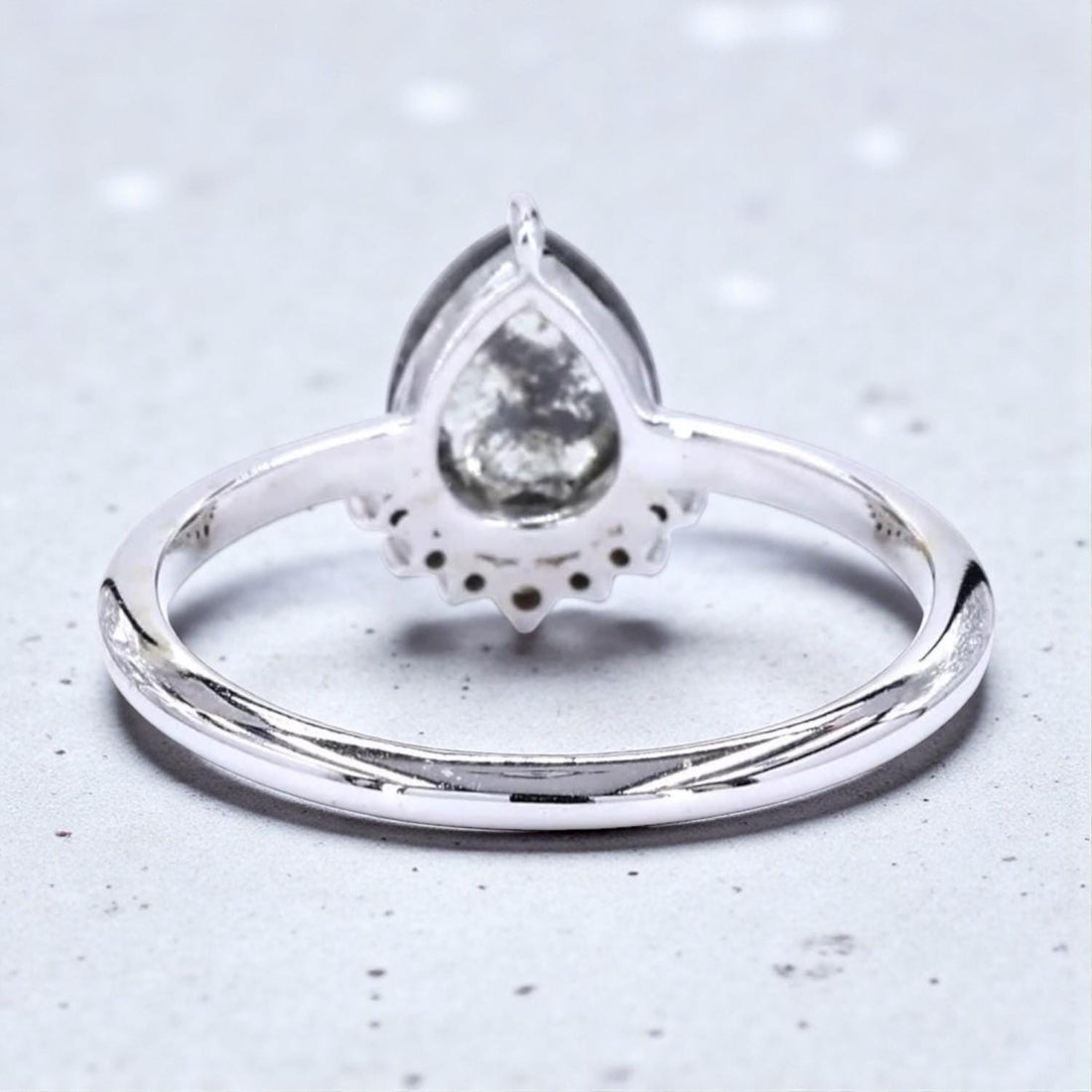 14K White Gold Grey Pear Cut Galaxy Salt and Pepper Natural Diamond Promise Ring