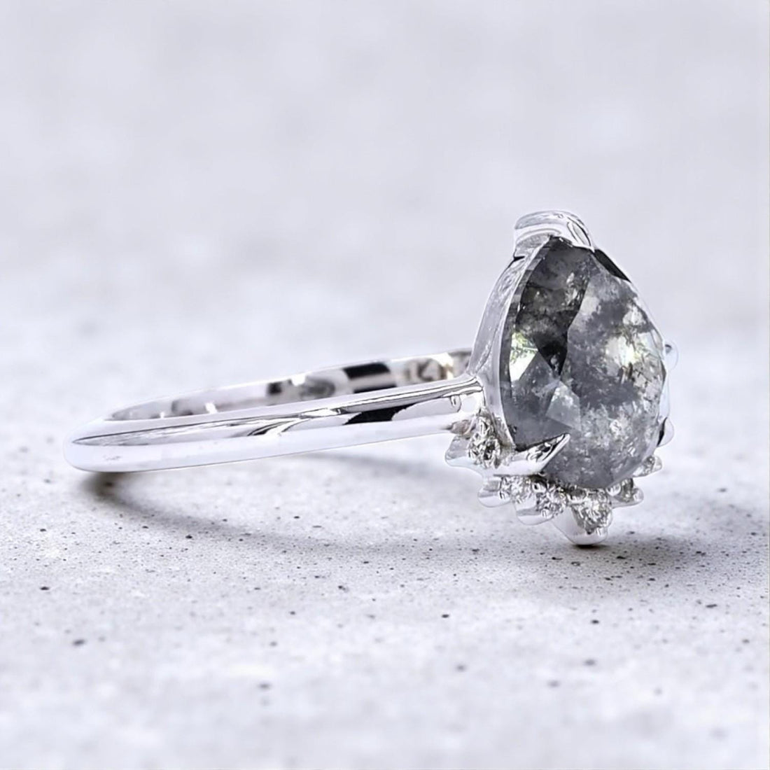 14K White Gold Grey Pear Cut Galaxy Salt and Pepper Natural Diamond Promise Ring
